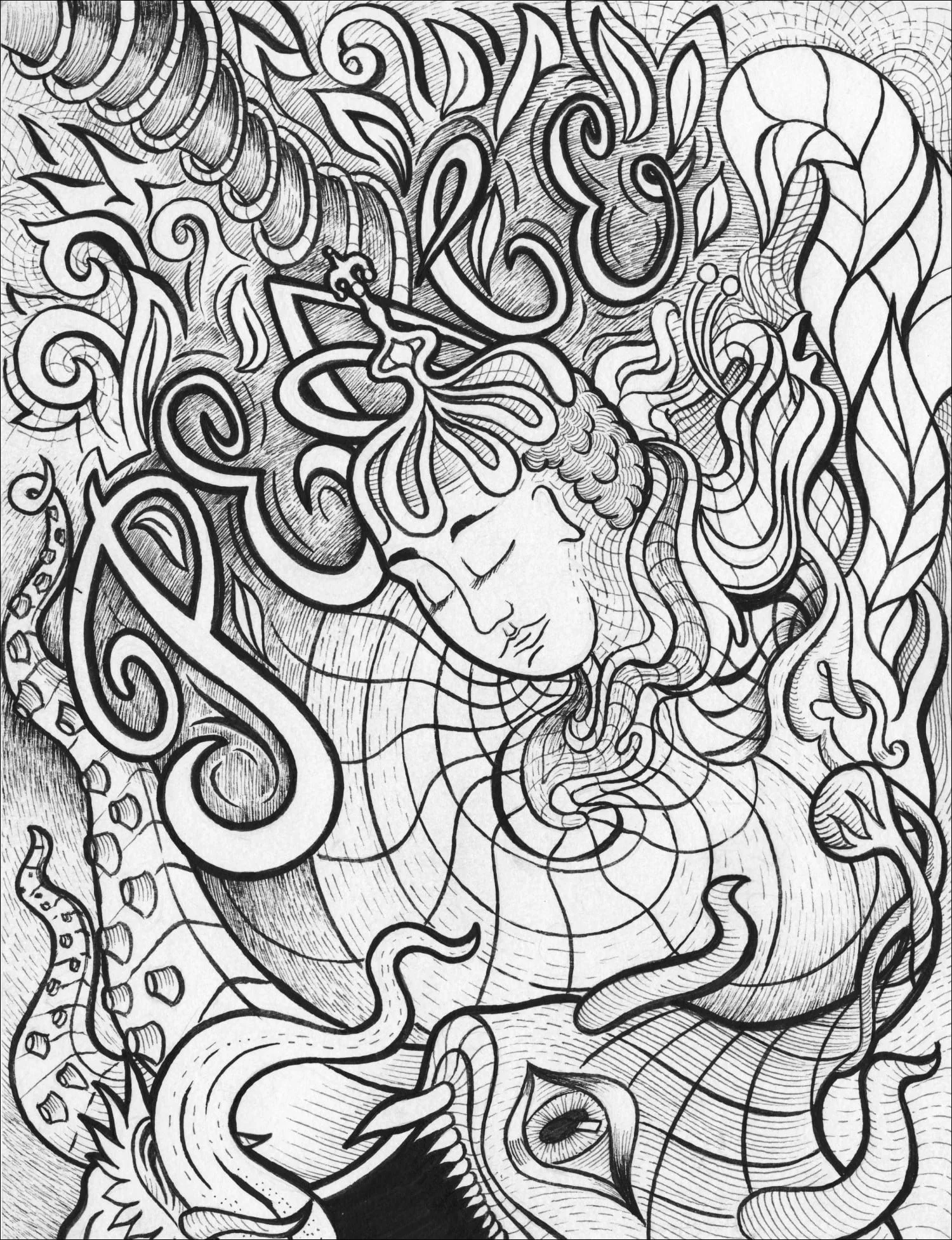 Peace Within Chaos – detailed pen and ink piece depicting harmony amidst disorder, by Juvy Torres