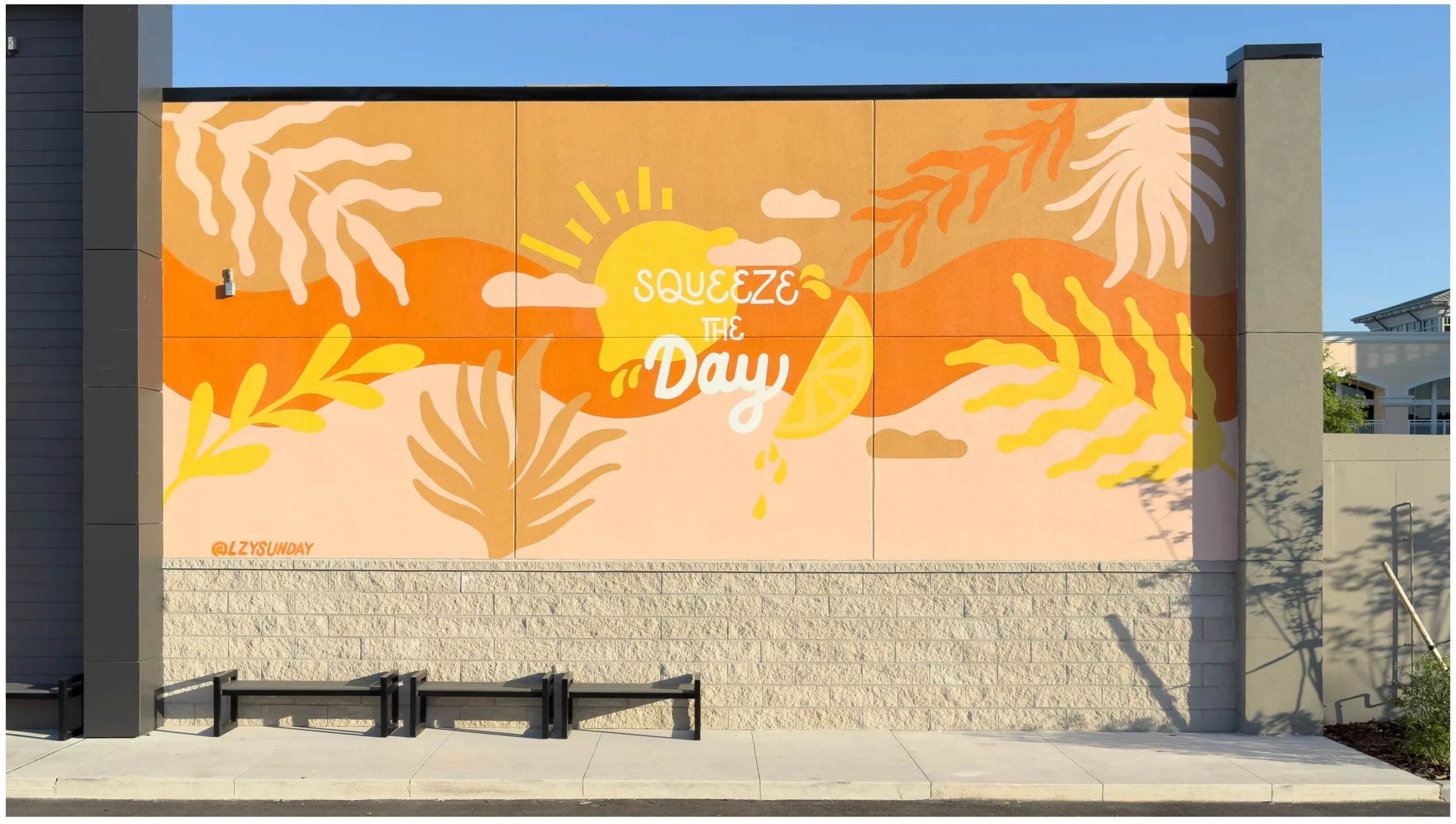 Full wall mural at First Watch Clermont Florida — warm tones, tropical botanicals, hand-painted