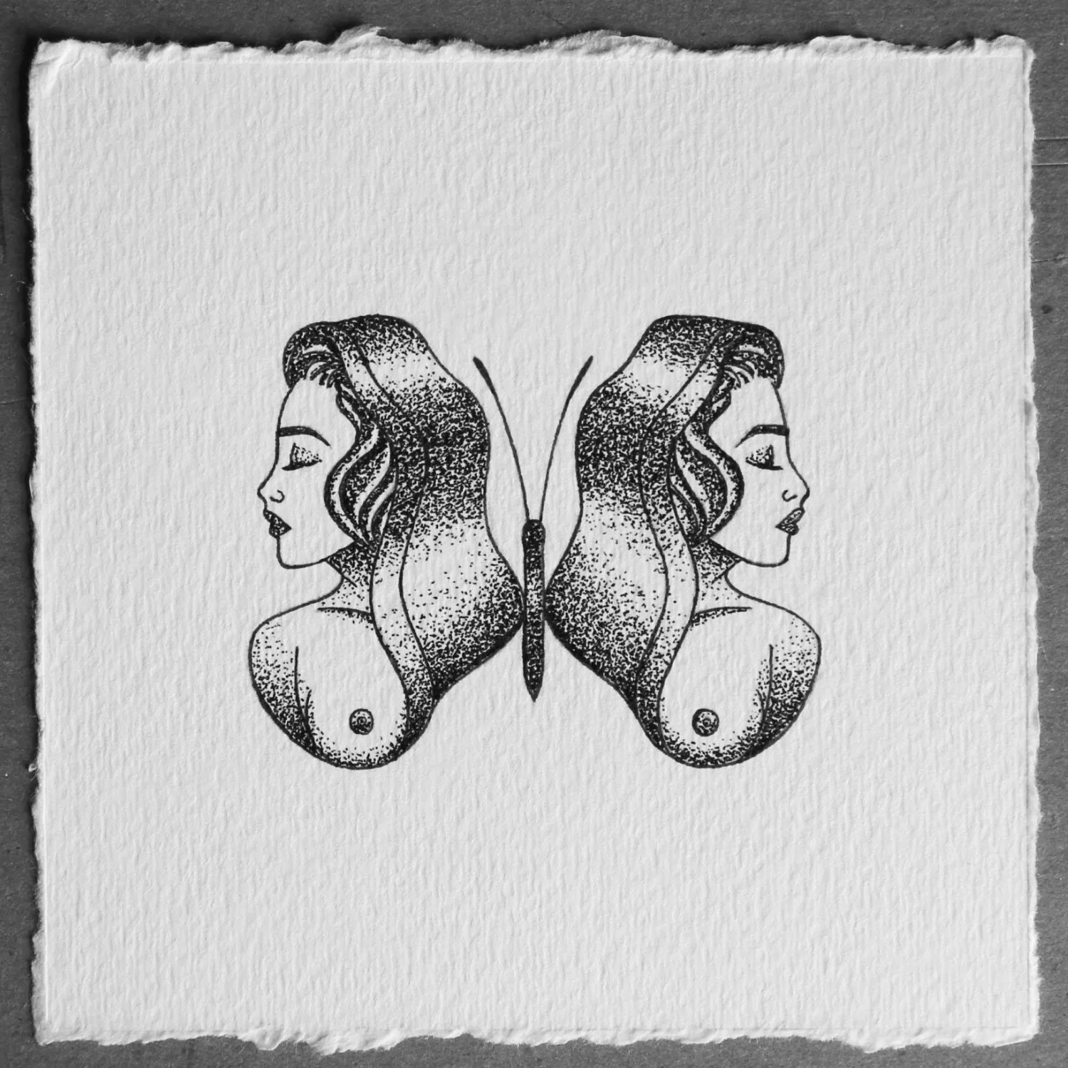 She's a Butterfly – detailed ink illustration of a figure transforming into a butterfly, by Juvy Torres