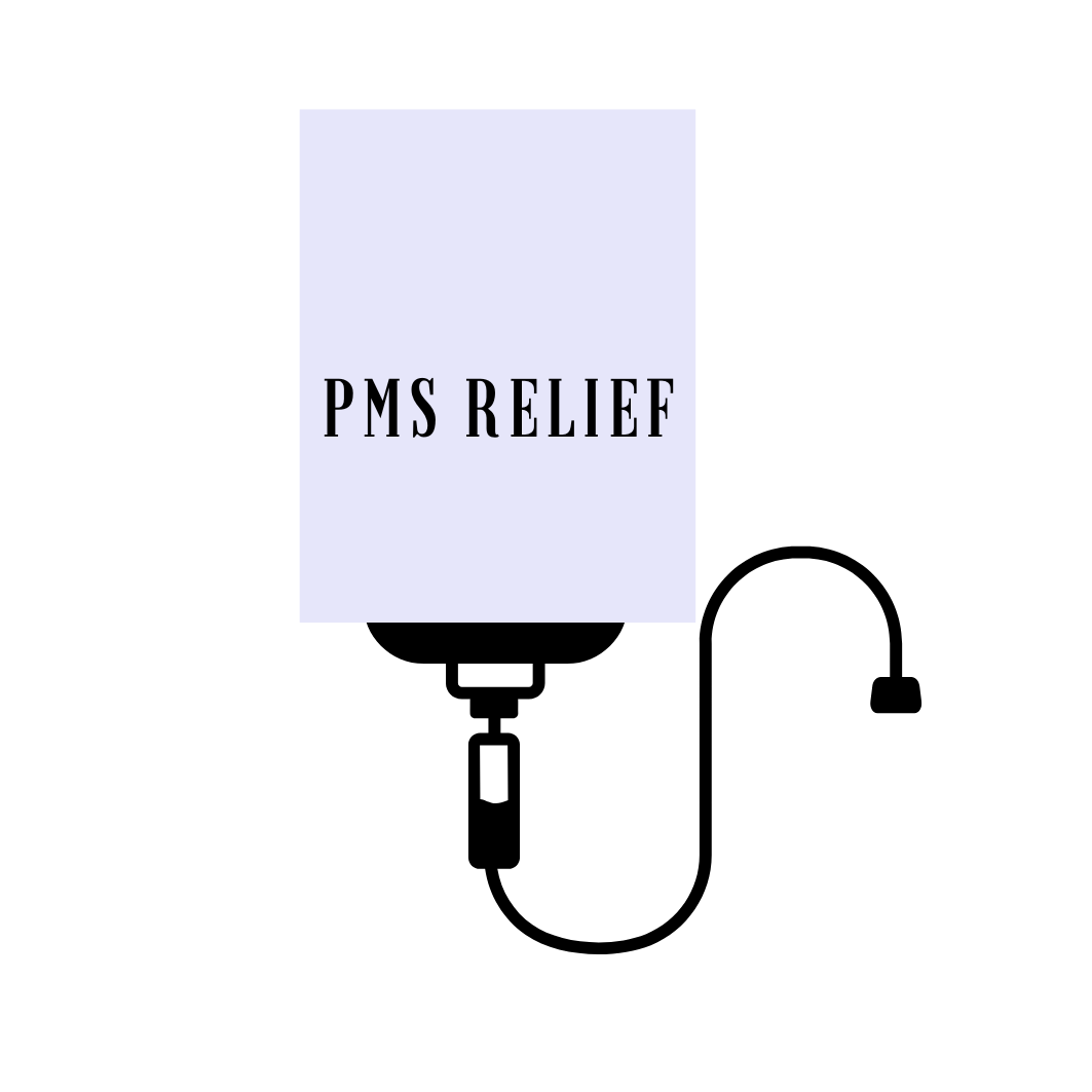 Illustration of an IV bag labeled "PMS Relief" with a tube and drip chamber.