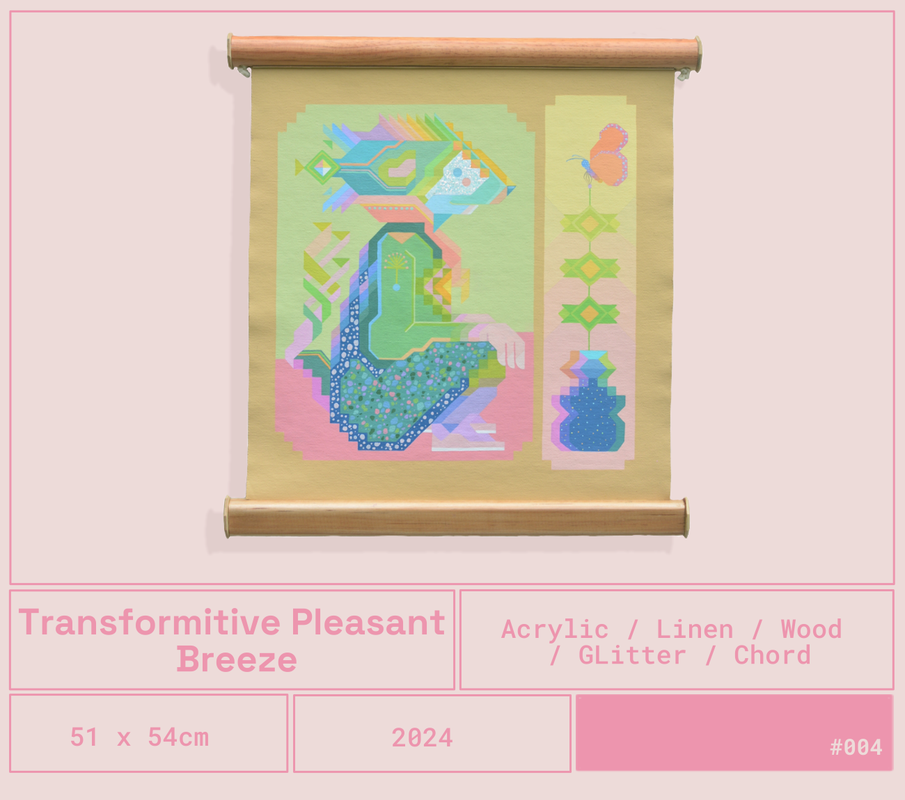 Una obra de arte en estilo pixelado que representa una figura humana y elementos decorativos en tonos pastel y colores vivos, adornada con glitter y cordón, sobre un fondo rosa claro.