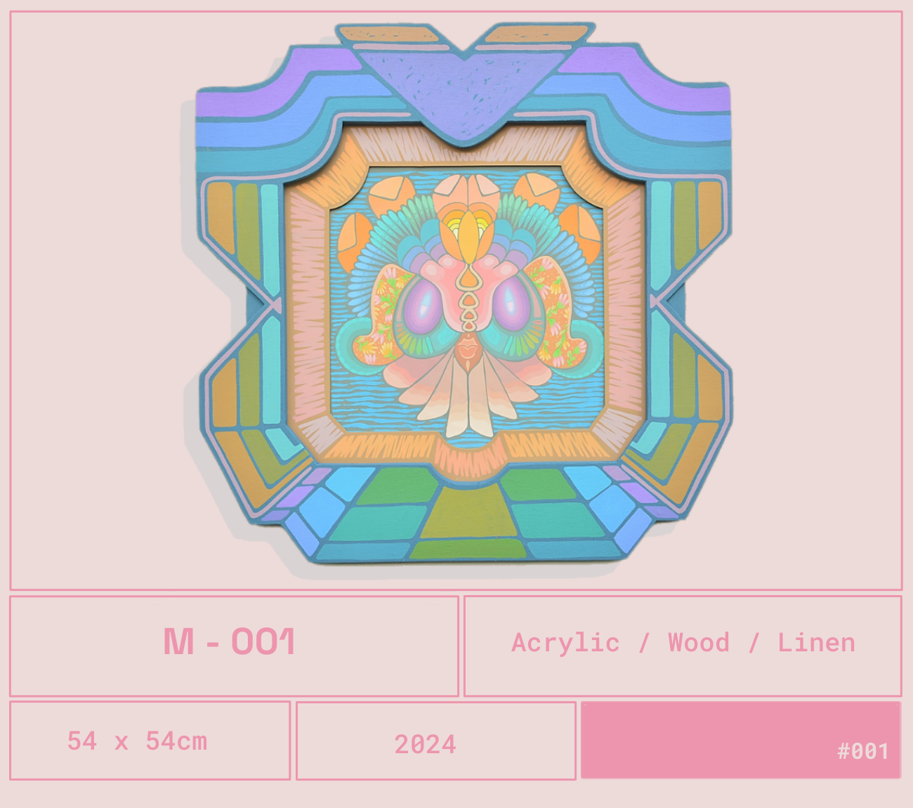 Obra del artista Mexicano Curiot Tlalpazotl. Arte con diseño de una mariposa colorida en un marco colorido con patrones geométricos en tonos pasteles. Muictlicos Collection