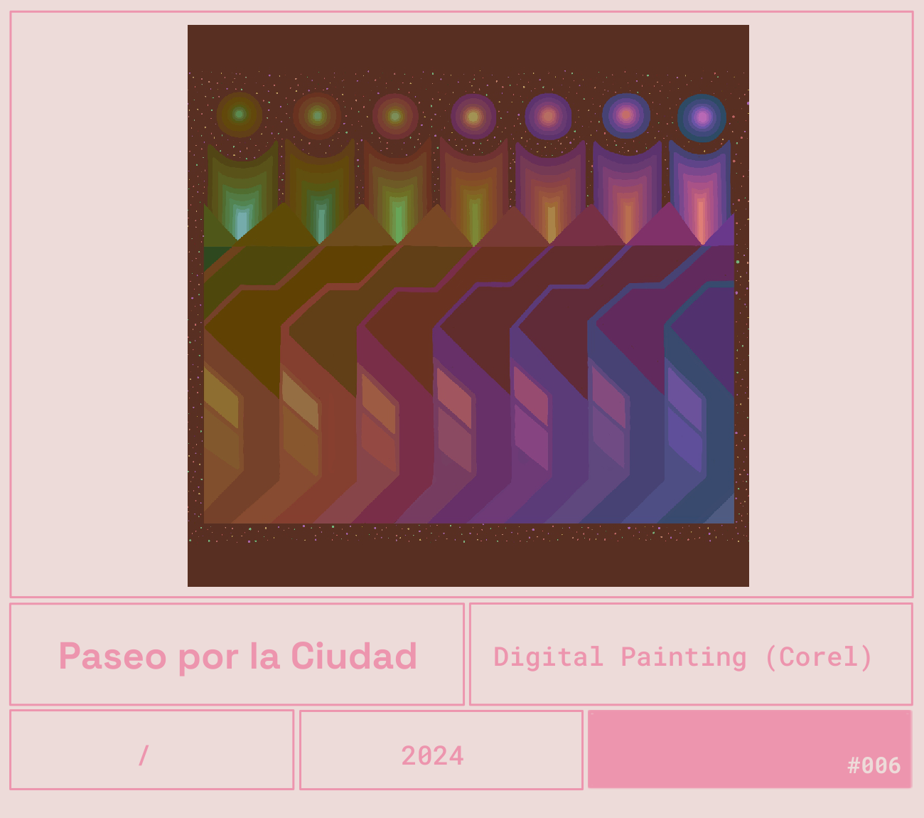 Una obra de arte digital con formas geométricas y colores degradados, que representan un escenario urbano abstracto con un fondo de cielo estrellado.