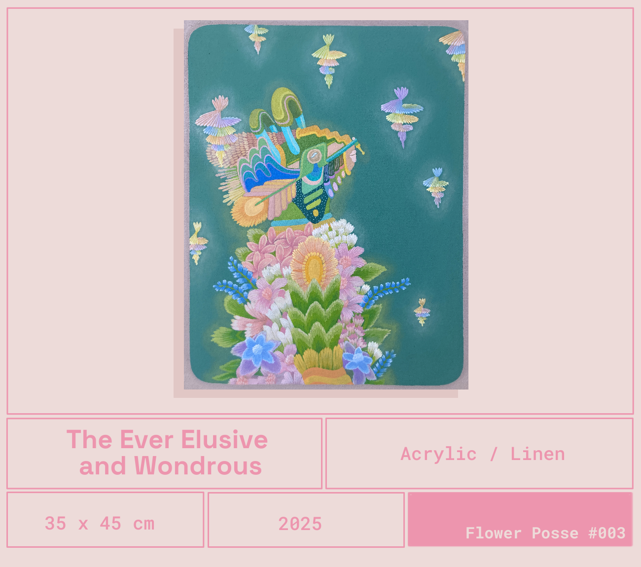 Una pintura abstracta de un insecto con alas coloridas sobre una pila de flores y hojas, con varias mariposas en el fondo.