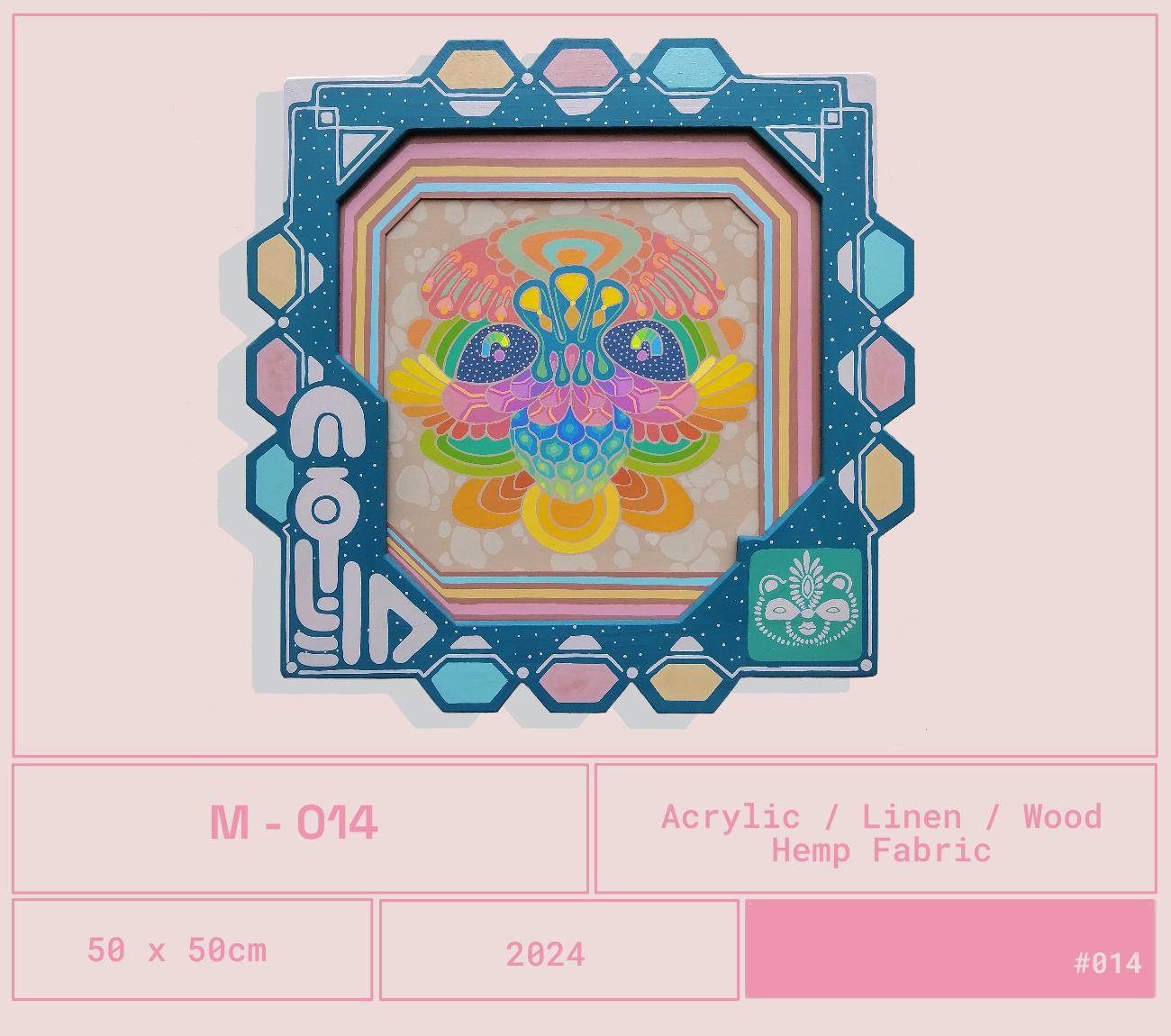 Cuadro con un diseño colorido de una mariposa en estilo psicodélico, enmarcado con borde azul y decoraciones en tonos pastel, sobre fondo beige con patrones abstractos.