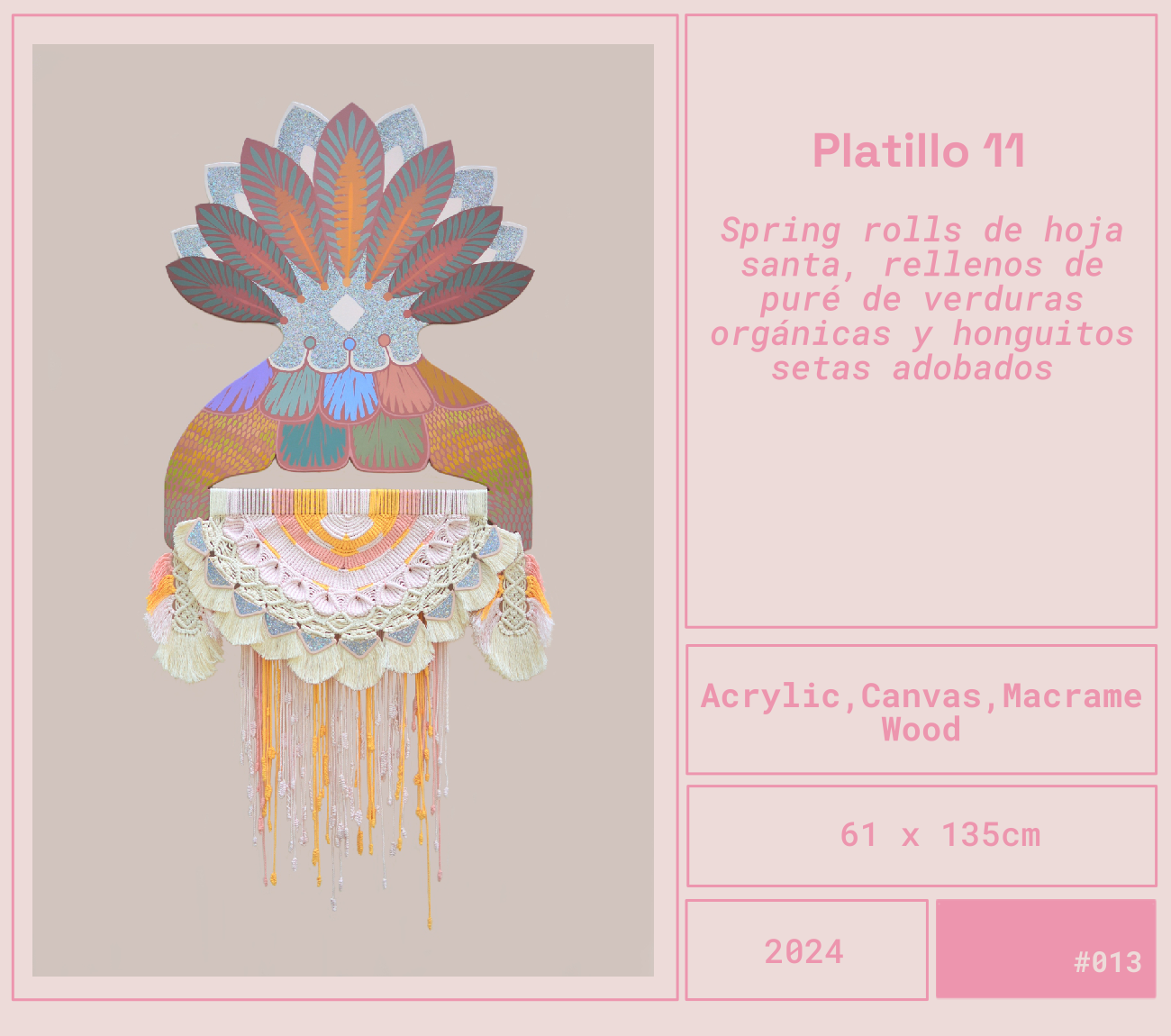 Obra del artista Mexicano Curiot Tlalpazotl. Una obra de arte que combina pintura en acrílico y tela en un formato rectangular, decorada con elementos que parecen hojas y honguitos con hilos coloridos. Cocina Collection