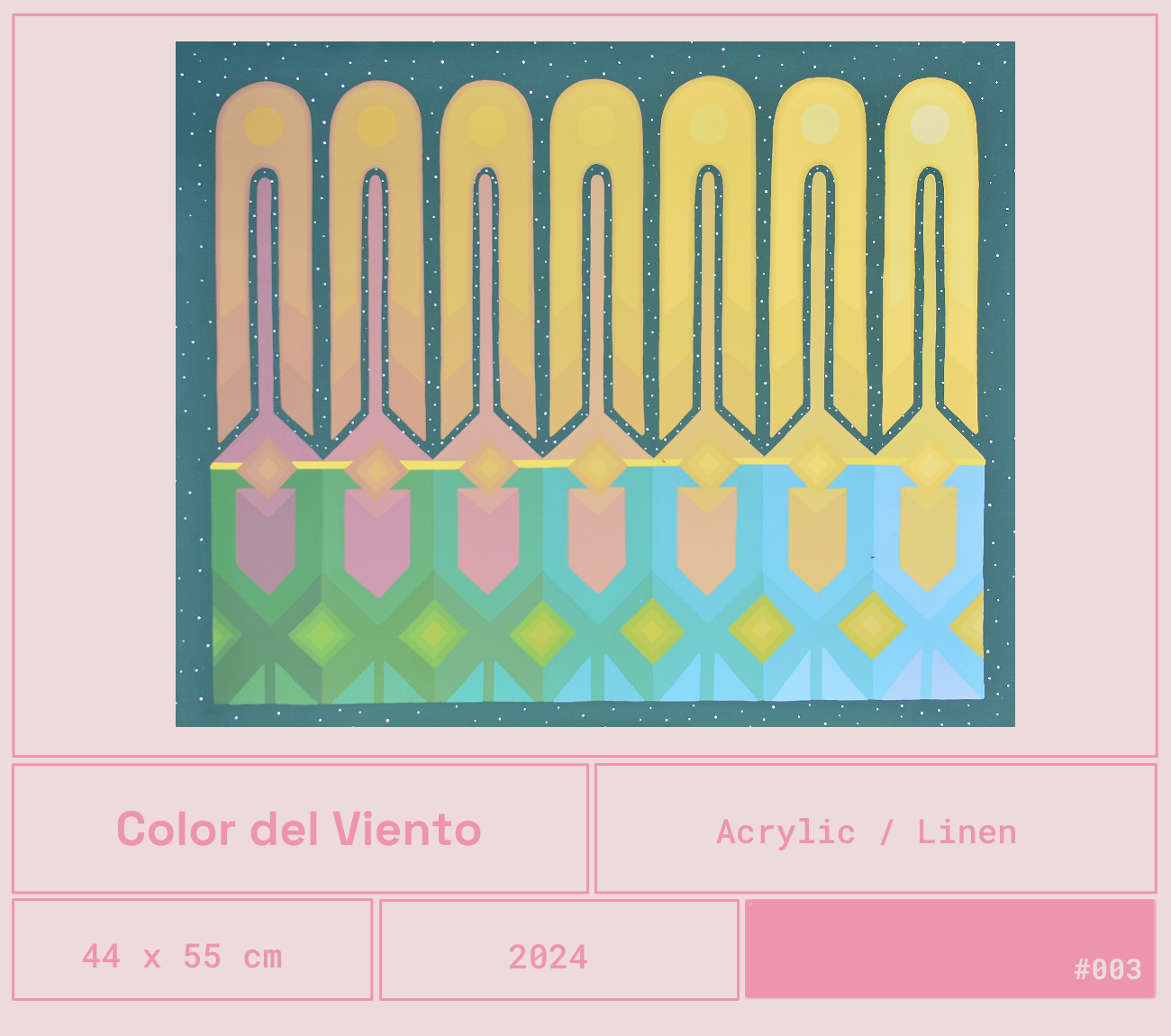 Diseño abstracto con formas geométricas en colores pastel y tonos verdes, azul y amarillo. Fondo con puntos blancos sobre un tono verde azulado oscuro.