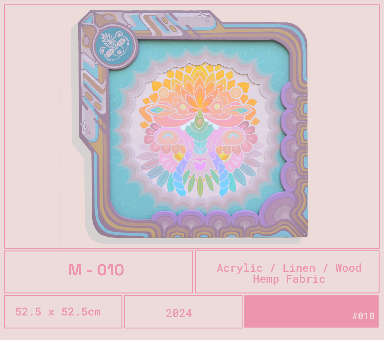 Arte digital enmarcada con bordes en tonos pastel, recortada en forma de cuadrado, con un diseño floral geométrico y simétrico en colores suaves en el centro, sobre un fondo azul con puntos blancos, y un marco decorativo con líneas y formas orgánicas en colores rosados, lilas y azules.