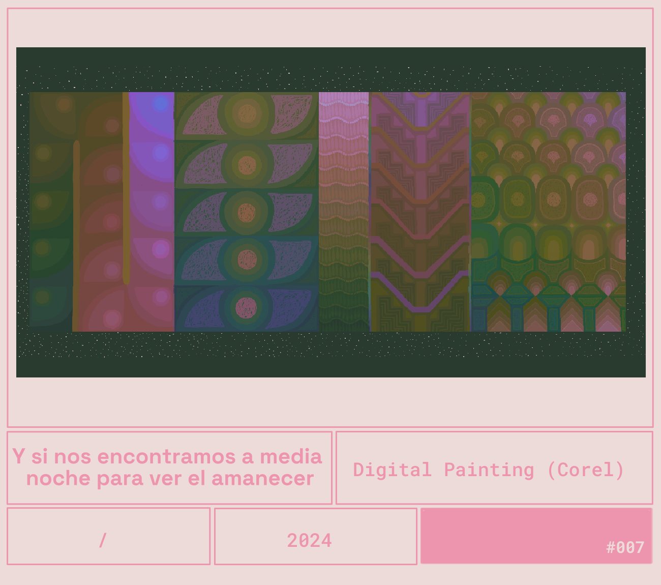 Imagen digital de patrones abstractos y coloridos en varios segmentos, en un fondo negro con decoración de puntos blancos, dentro de un marco rosa, con texto en español y en inglés que habla de una pintura digital y la idea de encontrarse a medianoche para ver el amanecer.