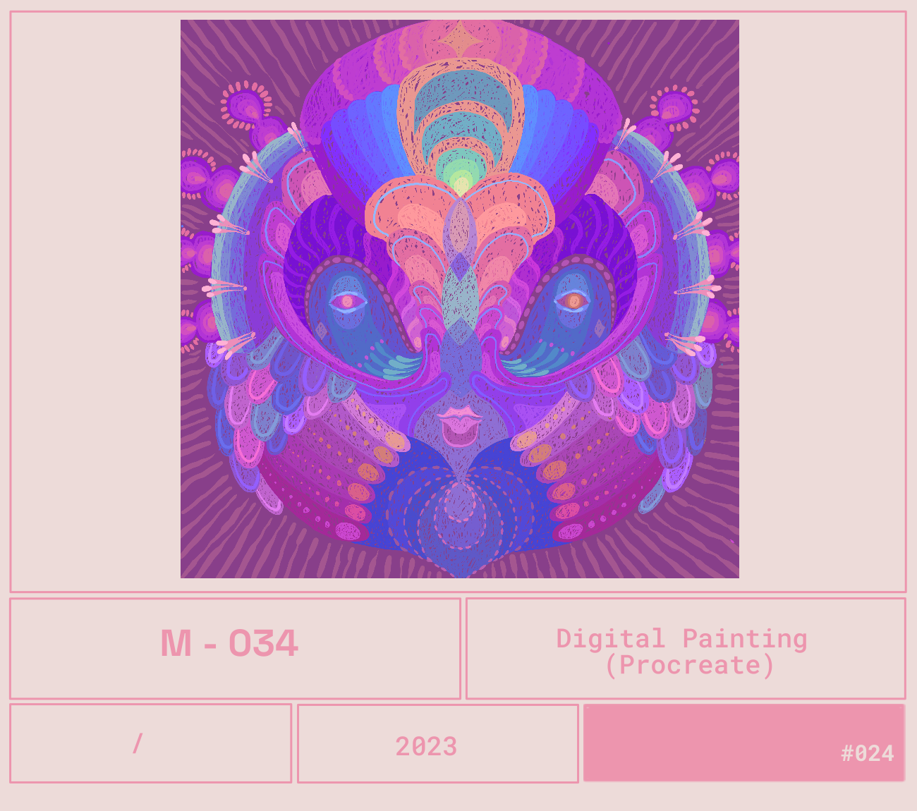 Dibujo digital con colores morados, rosas y azules que representa un rostro con elementos florales y patrones abstractos en un estilo artístico psicodélico.