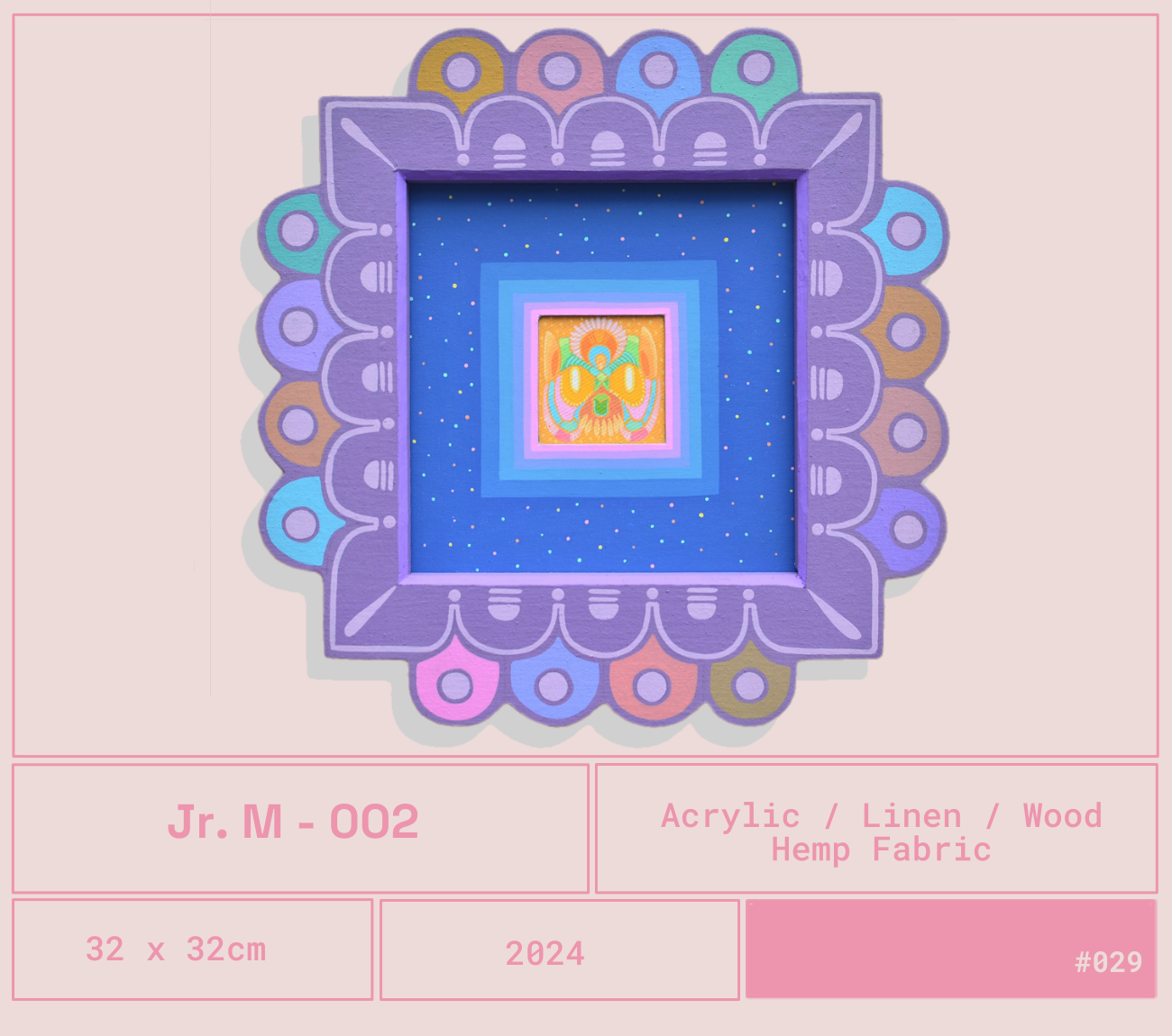 Arte colorido con un marco decorativo en tonos pastel y un diseño central que incluye formas abstractas en colores vivos, en una estructura cuadrada.