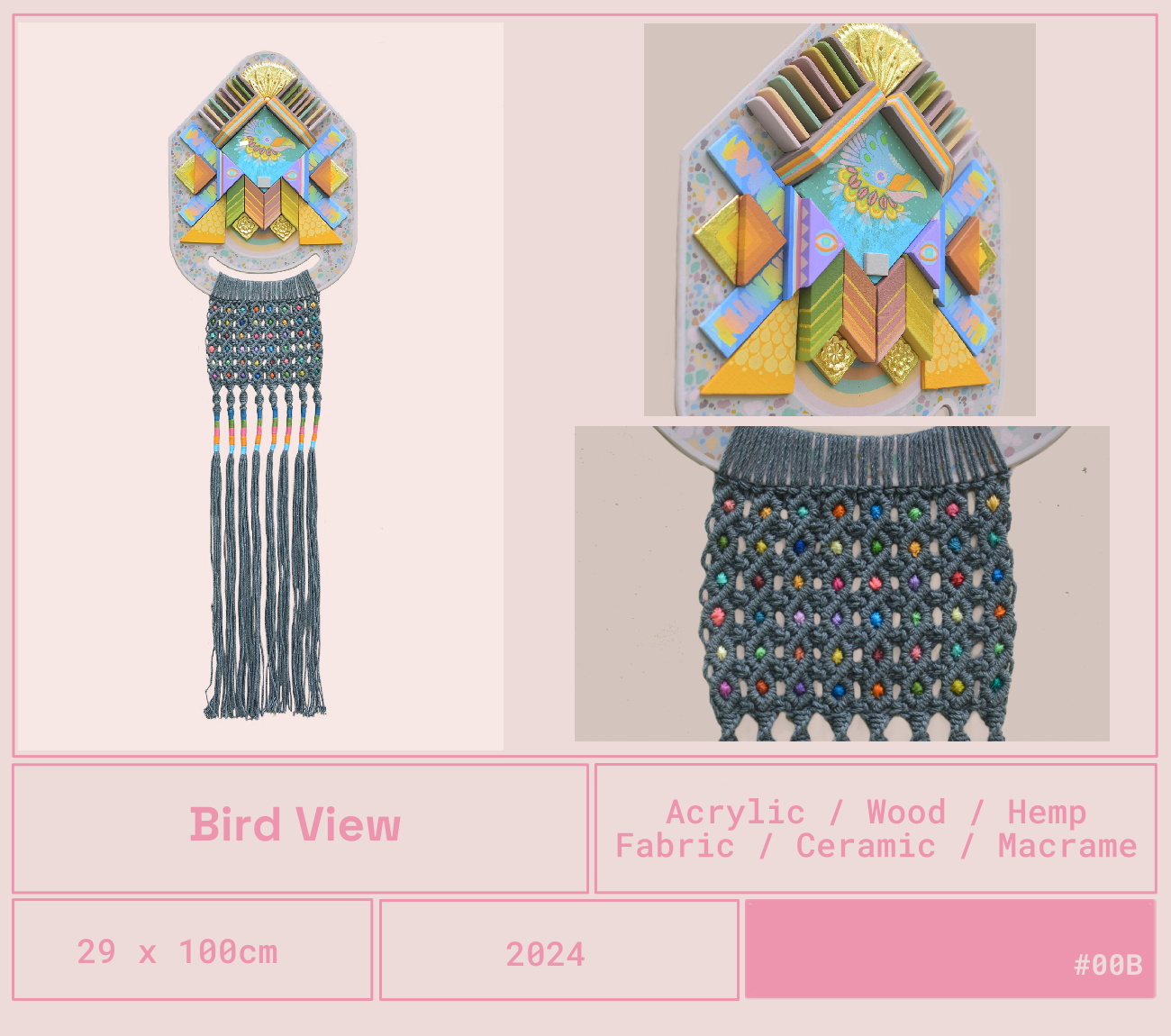 Parte superior de un mural con detalles en formas geométricas y colores vibrantes, y una parte inferior de tejido de punto con hilos gris y puntos de colores, mostrando un diseño complejo y decorativo.