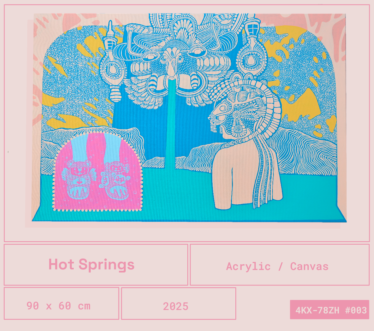 Una pintura acrílica en un lienzo que muestra una figura humana con adornos en la cabeza, un dragón en la parte superior que escupe agua, y dos ositos en la esquina inferior izquierda con corazones y alas.