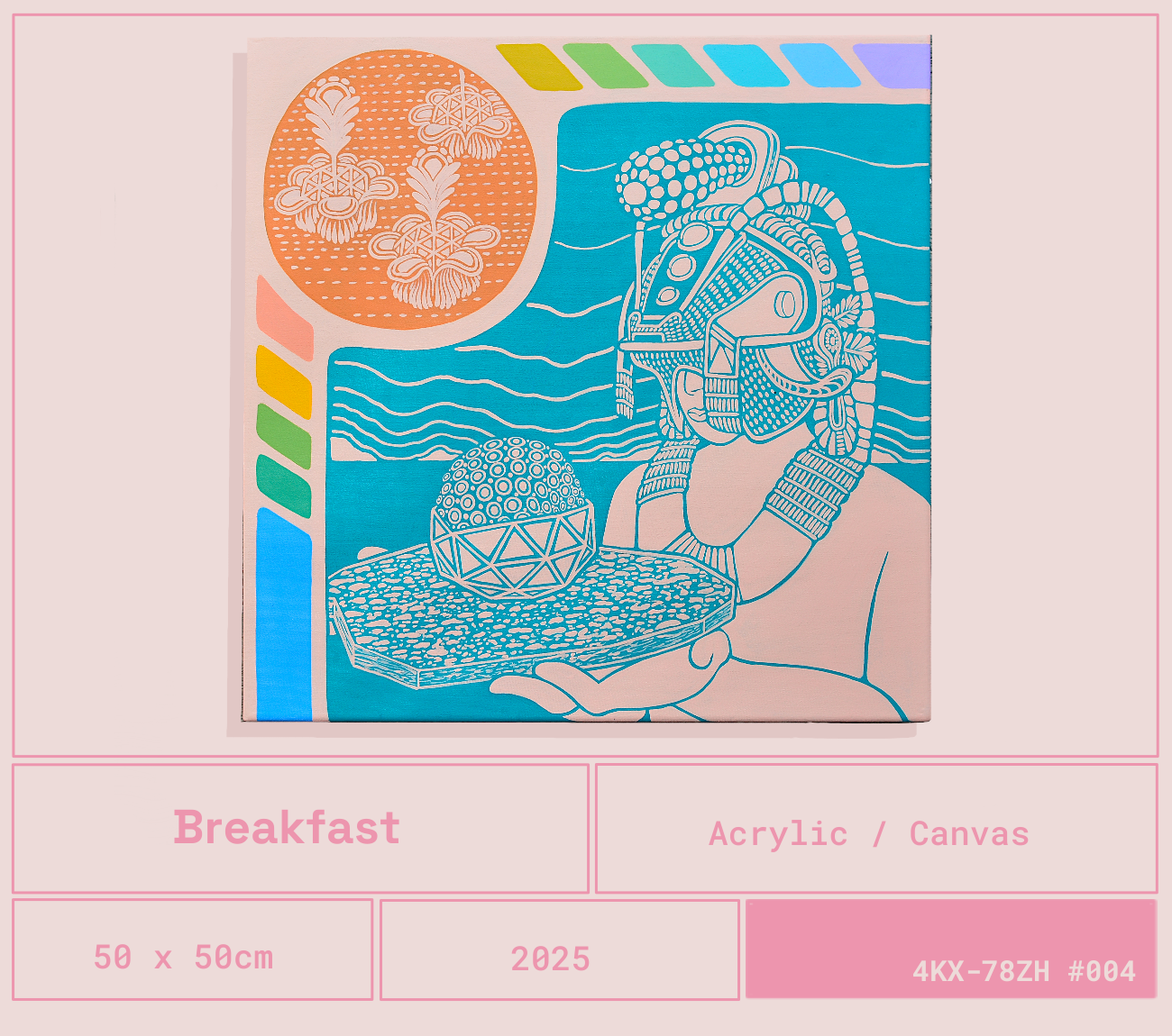 Una pintura en colores pastel que muestra una figura con un casco y equipo de astronauta sosteniendo una bandeja con una esfera decorativa, con un fondo de líneas onduladas y otras formas abstractas en tonos azules, naranja y verde.