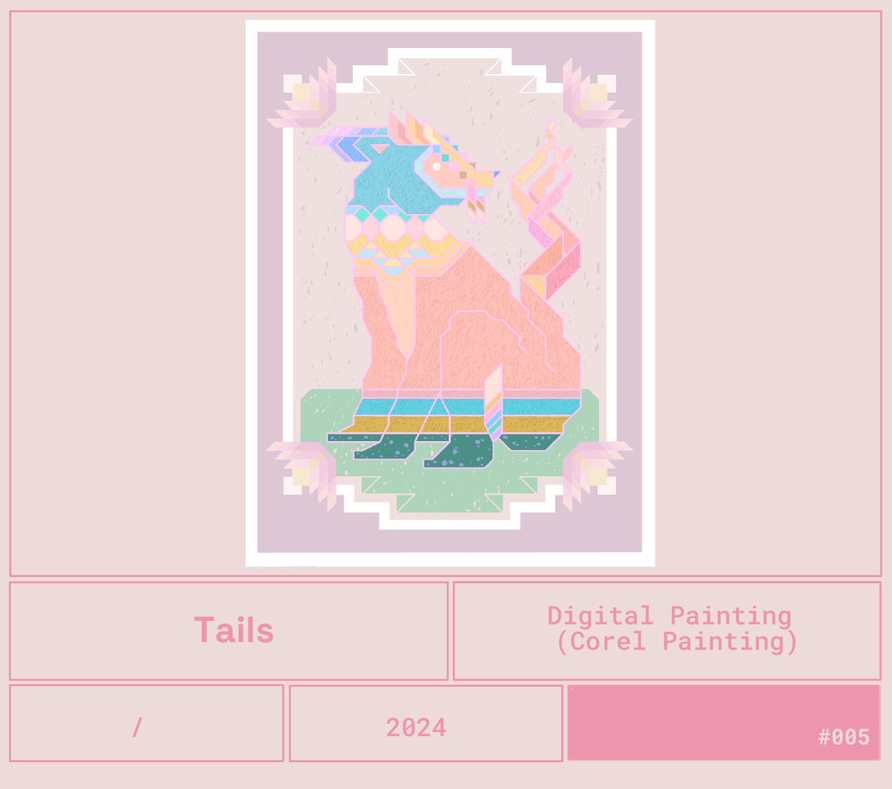 Una ilustración digital de un unicornio en estilo pixel art, con colores pastel como rosa, azul y morado, en un fondo de colores suaves y con un marco decorativo