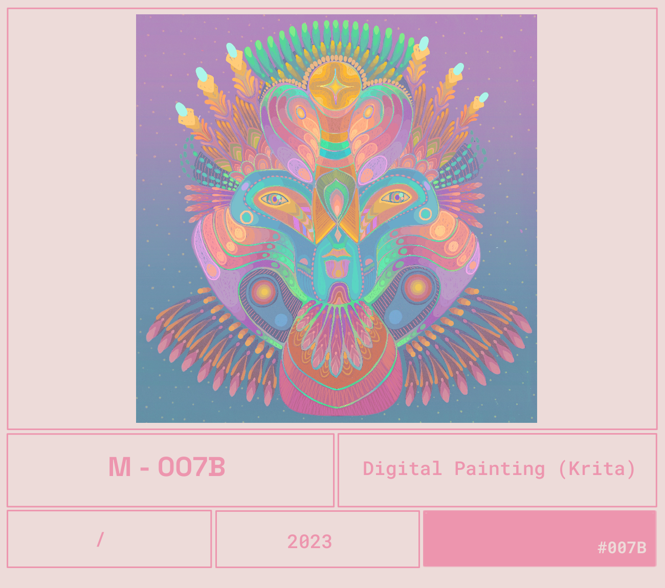 Obra del artista Mexicano Curiot Tlalpazotl. Dibujo digital colorido con formas abstractas que representan un rostro con elementos florales y alegóricos en tonos pastel.