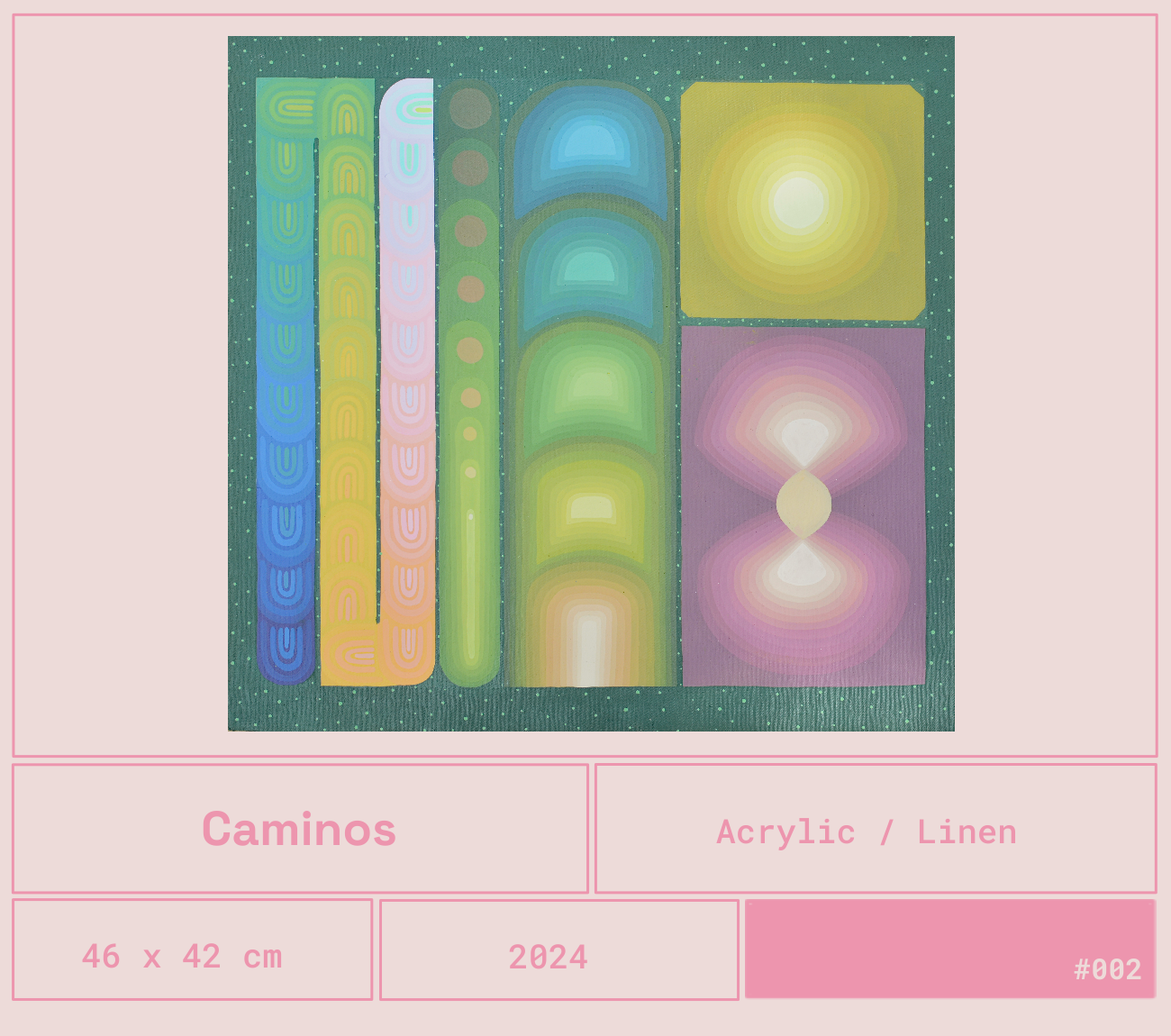 Una obra de arte abstracta con formas rectangulares y curvas en colores verdes, azules, amarillos, rosados y morados. Incluye patrones de arcoiris y degradados de color.