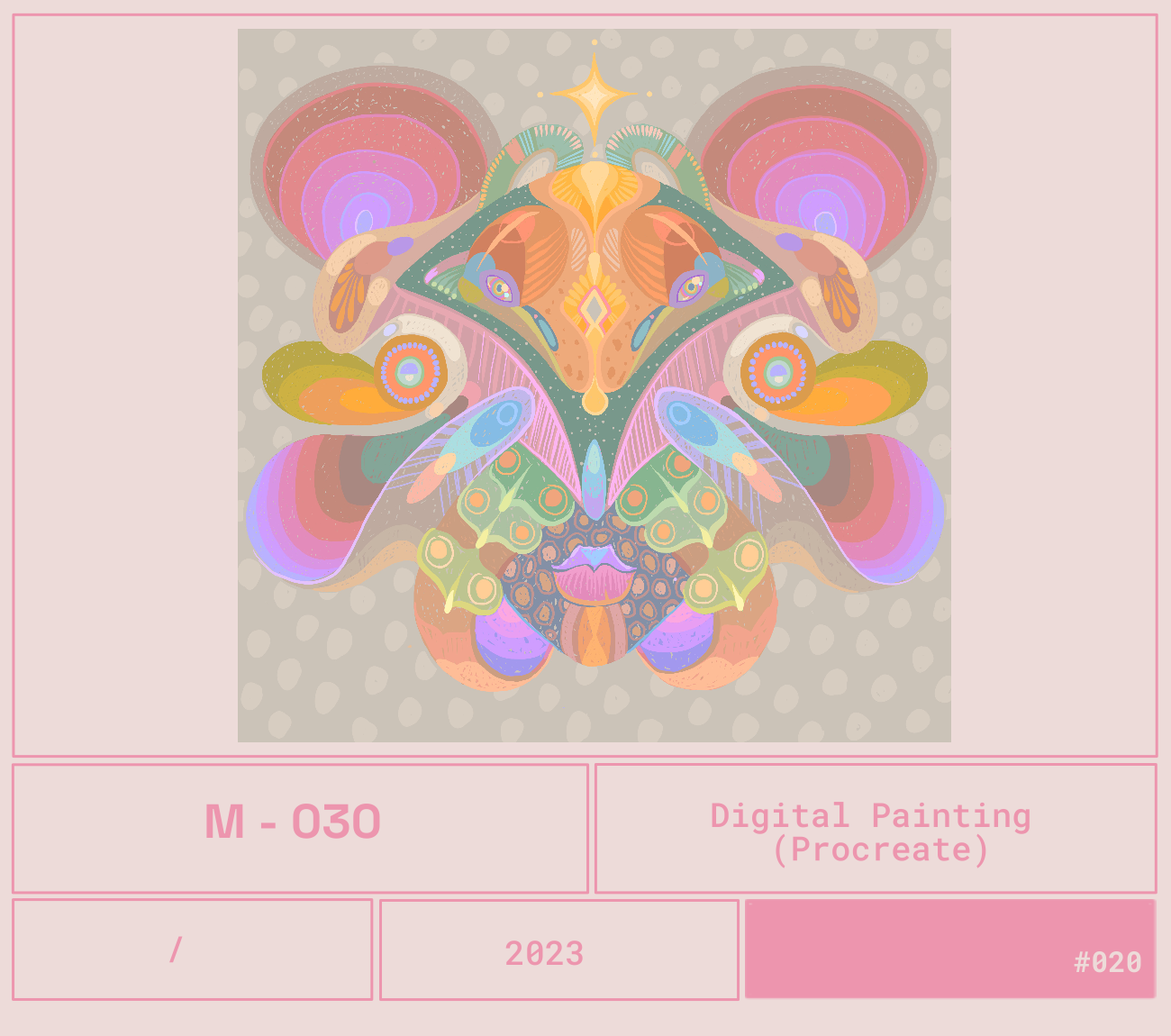 Una ilustración digital abstracta con formas simétricas y colores pasteles que forma la silueta de una mariposa con detalles geométricos y patrones decorativos.