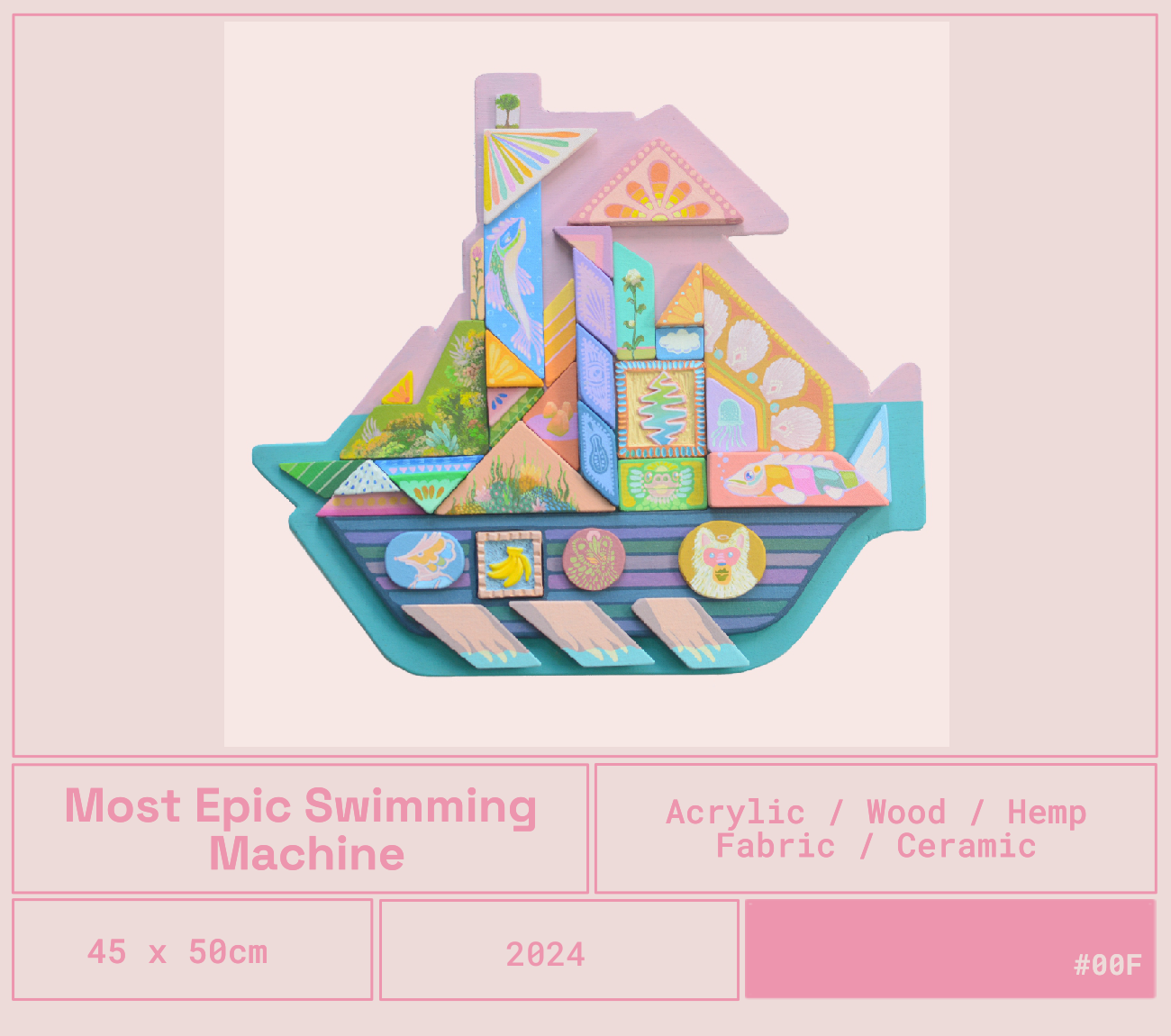 Imagen de un puzle bajo la forma de un barco con varias piezas decoradas con motivos acuáticos, animales y naturaleza en colores pastel. Incluye texto en la parte inferior en fondo rosa con detalles y especificaciones del producto.