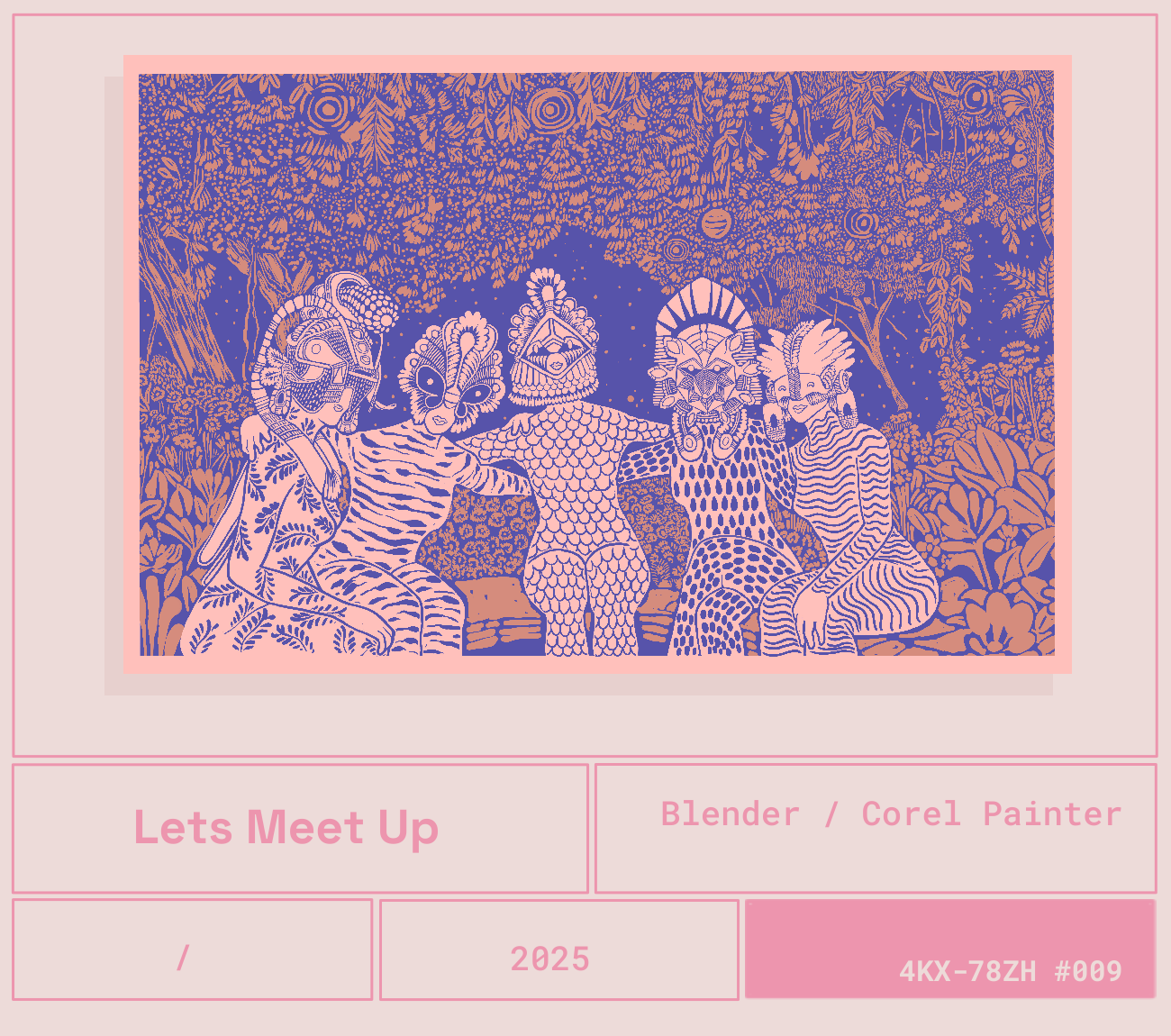 Ilustración de cinco figuras humanas con máscaras y atuendos coloridos en un bosque.