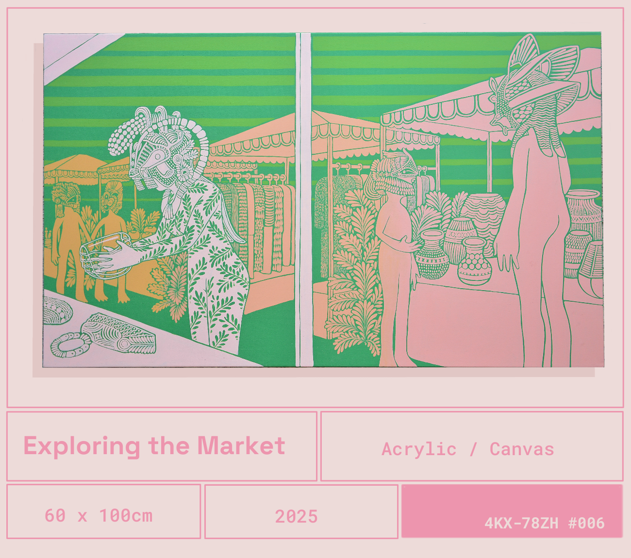 Ilustración de un mercado con figuras mitológicas y artesanías, en estilo acrílico y tamaño 60x100cm.