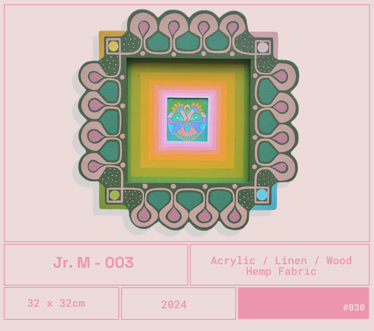 Diseño colorido enmarcado con patrones y formas geométricas, centrado en una ilustración de un ave con detalles florales y colores pastel.