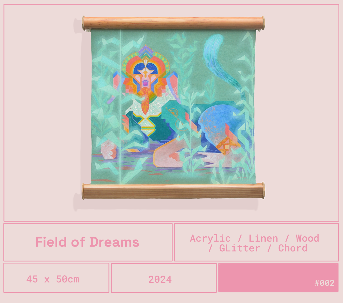 Pintura con estilo abstracto y colorido titulado "Campo de Sueños", enmarcada en madera, que muestra figuras humanas, plantas y elementos geométricos en tonos pastel.