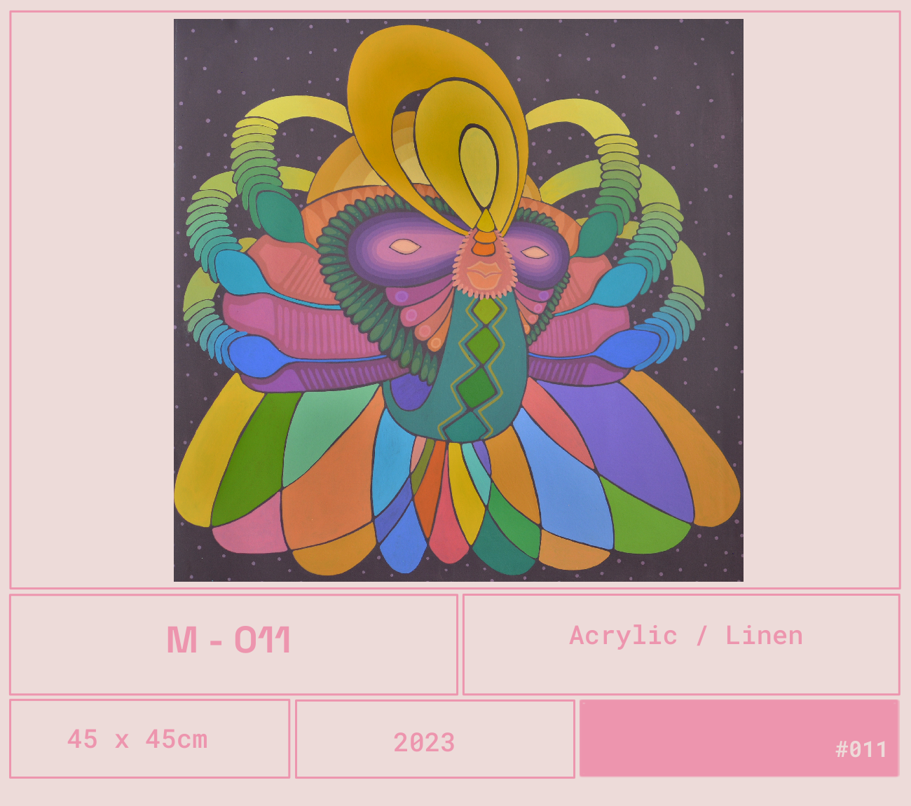 Dibujo colorido de una mariposa abstracta con alas vibrantes en tonos de amarillo, rosa, azul, verde y púrpura, con fondo negro con puntos lilas.