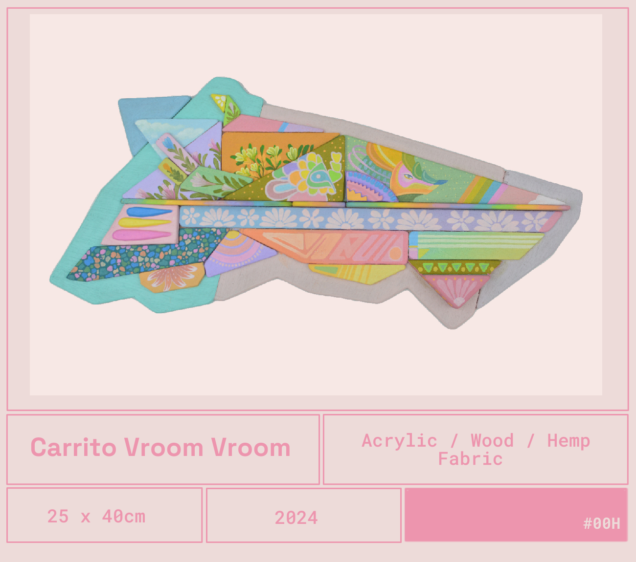 Carrito Vroom Vroom hecho de acetato, madera, tela o yute con diseño de patrones coloridos y flores en forma de arcoiris y estrellas, tamaño 25x40cm, año 2024.