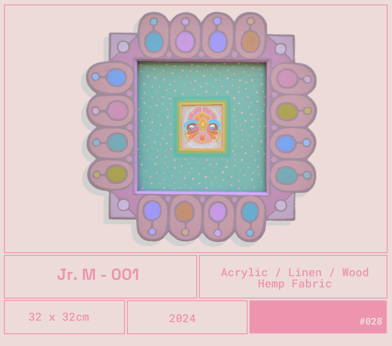 Un cuadro con marco en forma de círculos y óvalos en tonos pastel, con una ilustración de rostro de estilo indígena en el centro, en un fondo de tela de cáñamo con puntos blancos.