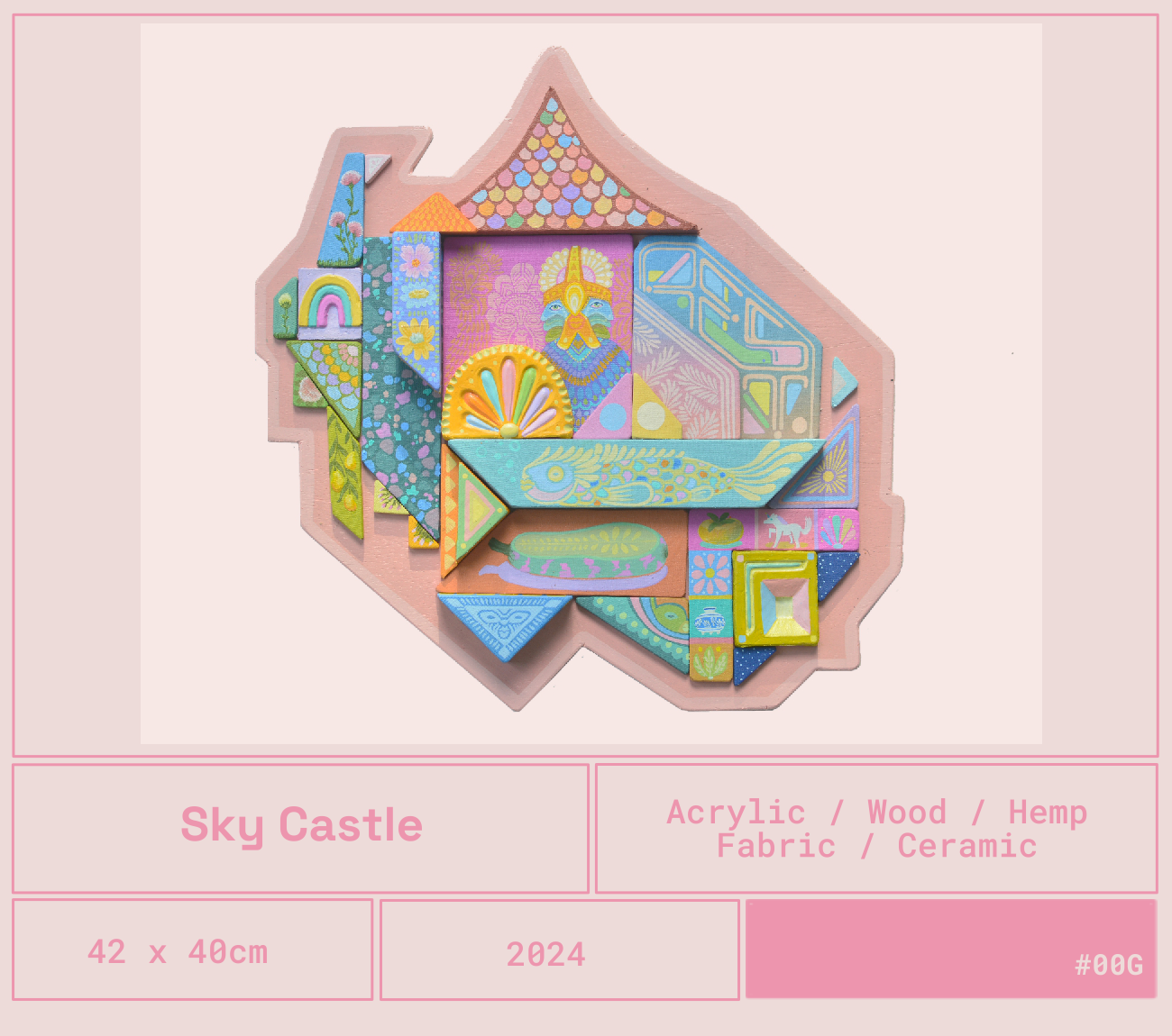 Casita del cielo hecha con bloques decorativos coloridos y patrones variados, en tonos pastel y detalles vibrantes, en un fondo rosado.