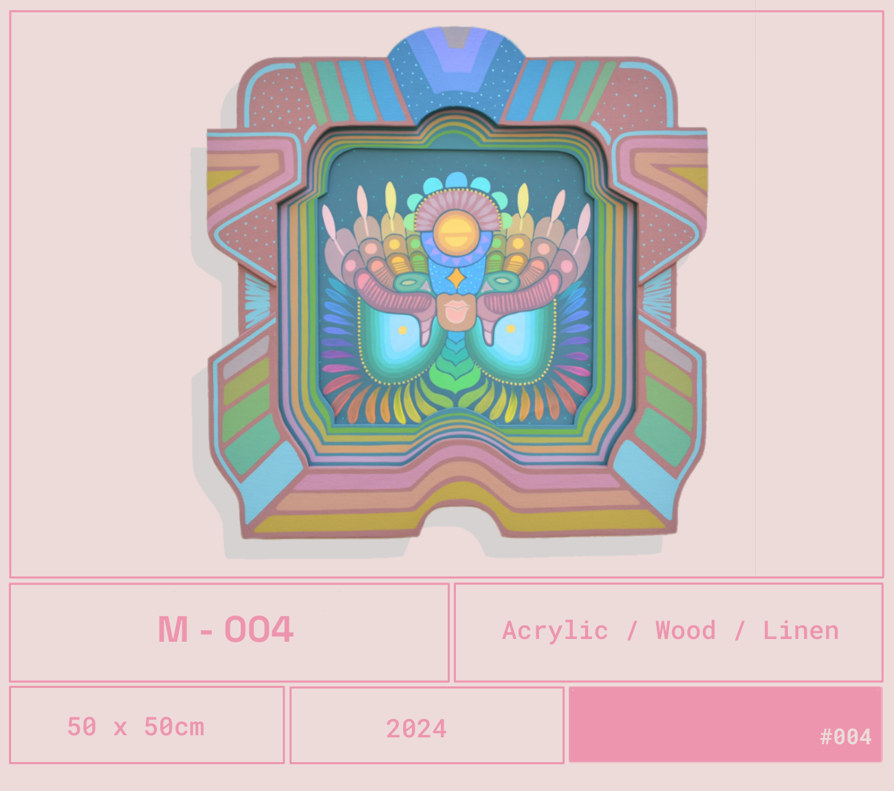 Cuadro decorativo con arte colorido en estilo psicodélico que presenta formas abstractas y simétricas, con tonos pastel y neón, enmarcado en una caja de madera envejecida. Incluye detalles como un sol, elementos florales, y líneas onduladas en un diseño vibrante y contemporáneo.