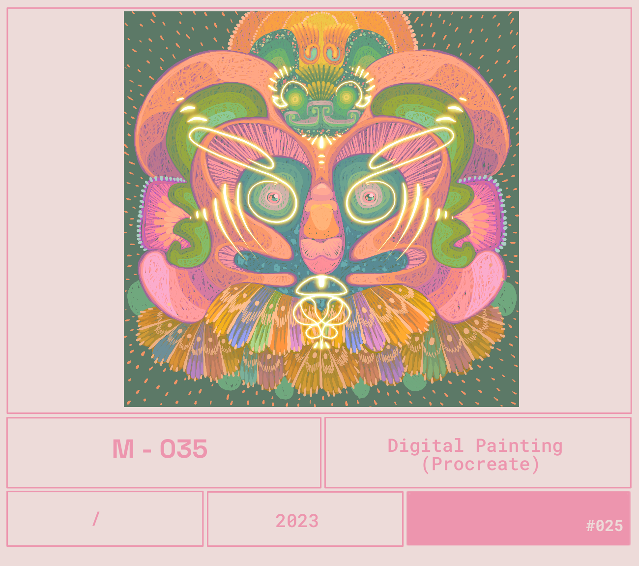 Una ilustración digital colorida y detallada de un rostro compuesto por elementos místicos y fantásticos, rodeado de un fondo oscuro con destellos dorados, con un estilo artístico que combina elementos de arte psicodélico y simbolismo antiguo.