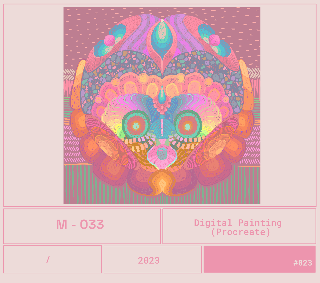 Una pintura digital colorida y abstracta con formas que parecen un rostro o máscara, con tonos rosados, morados, azules y verdes, y detalles geométricos y orgánicos.