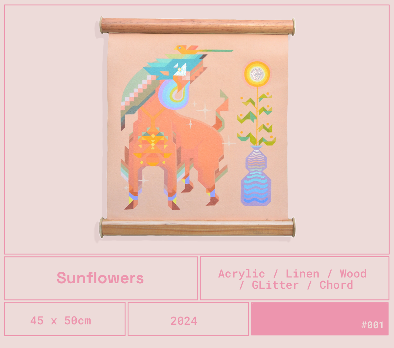Una obra de arte de estilo pixel art que representa un unicornio con un arcoíris en su cuerpo, una cabeza de pavor real en su lomo y un pajarito en la punta de su cuerno, junto a un jarrón con flores en una maceta azul con ondas, todo en tonos pastel