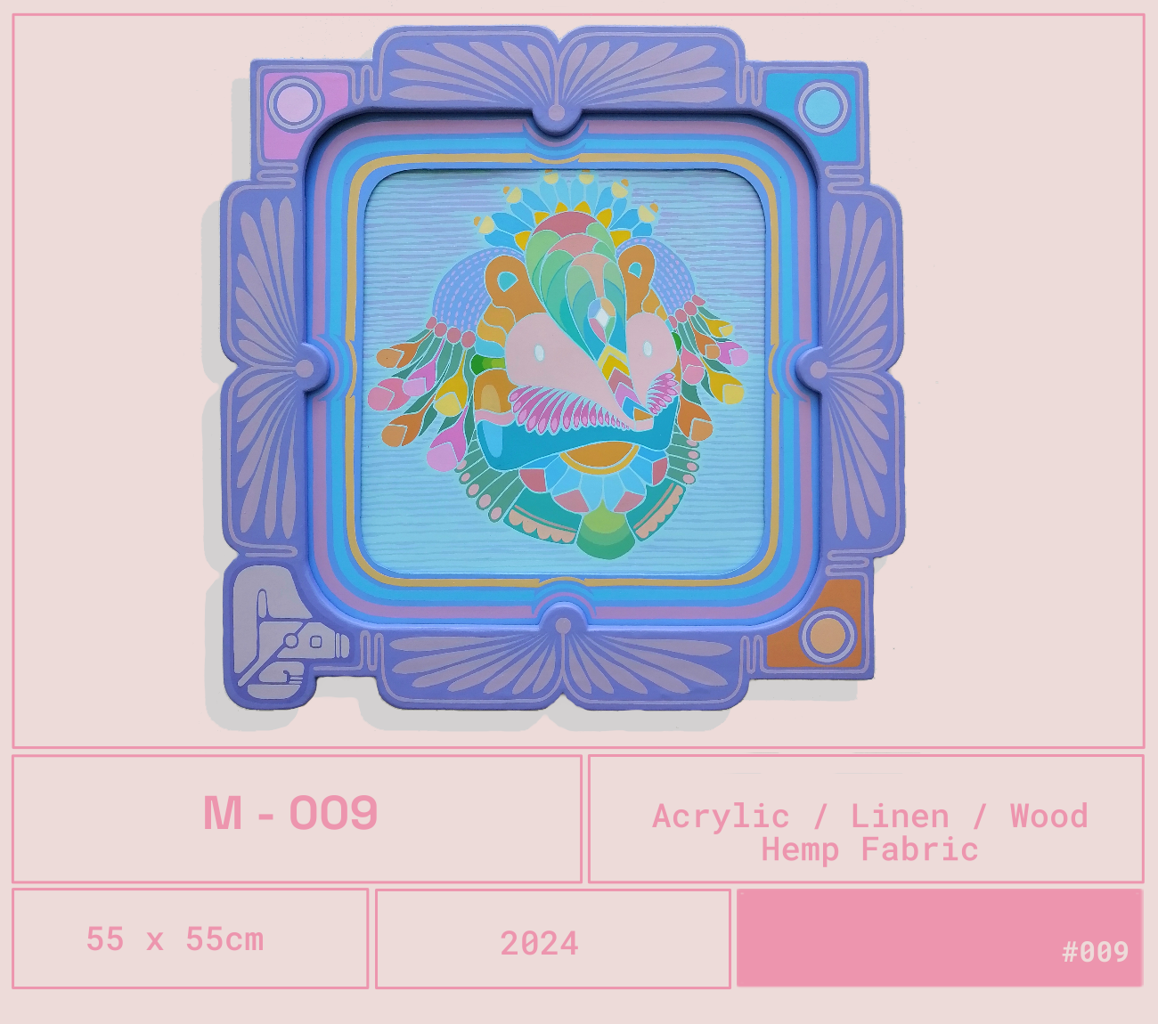 Obra del artista Mexicano Curiot Tlalpazotl. Cuadro decorativo con diseño abstracto de un pavo real en tonos pastel, rodeado por un marco en colores lilas y azules.