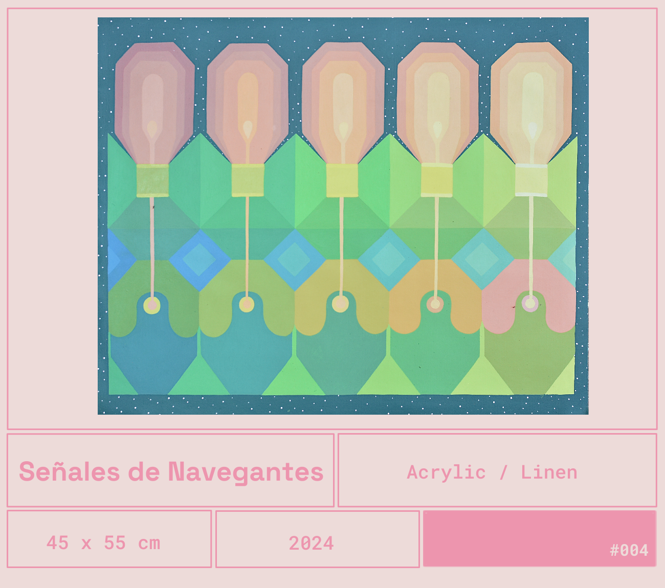 Obra de arte abstracta titulada 'Señales de Navegantes', creada con acrílico y lino, que representa señales de navegantes en un estilo geométrico y colorido, con dimensiones de 45x55 cm y número de serie #004.