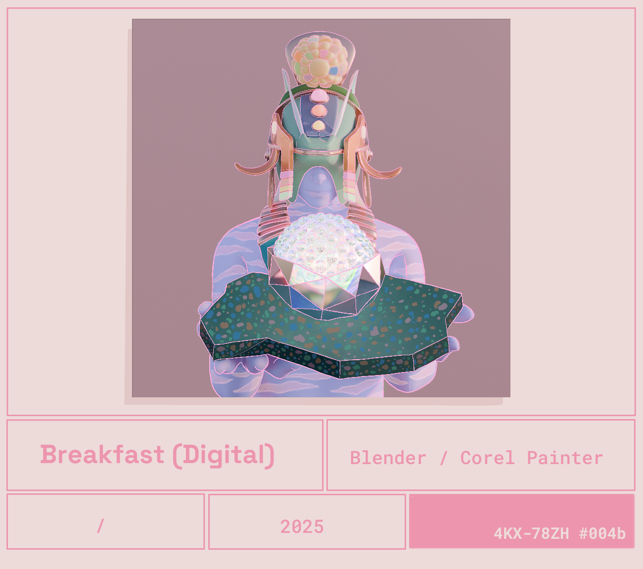 Una ilustración digital de un desayuno con una figura humana en un estilo futurista, usando un vestido decorado con formas y colores brillantes, sosteniendo una bandeja con una especie de cristal o gema en el centro, en un fondo rosado. Incluye etiquetas en español y una descripción técnica del arte digital y los detalles del archivo.