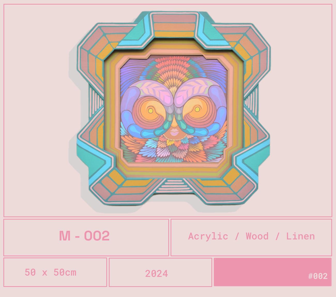 Obra del artista Mexicano Curiot Tlalpazotl. Cuadro acrílico de 50x50cm con un diseño abstracto y colorido de mariposa con patrones de plumas y formas geométricas en el marco. Muictlicos Collection