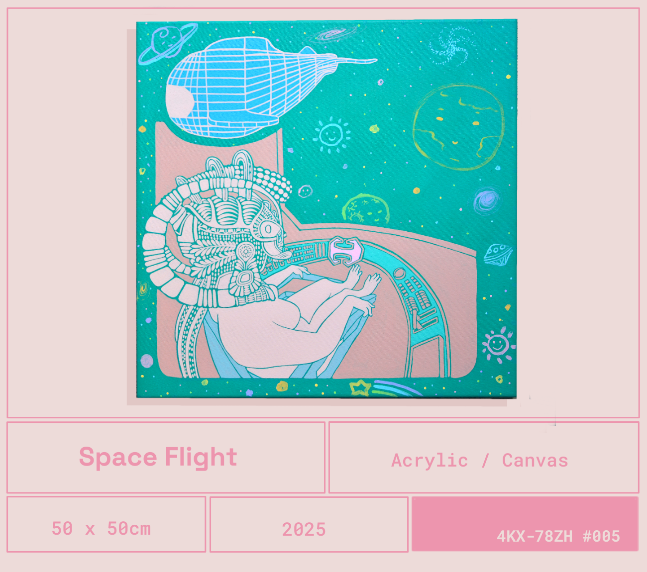 Una ilustración de arte en acuarela de un astronauta con casco estilo pirámide, sentado en la cabina de una nave espacial, rodeado de un fondo de espacio con planetas, estrellas, y galaxias.