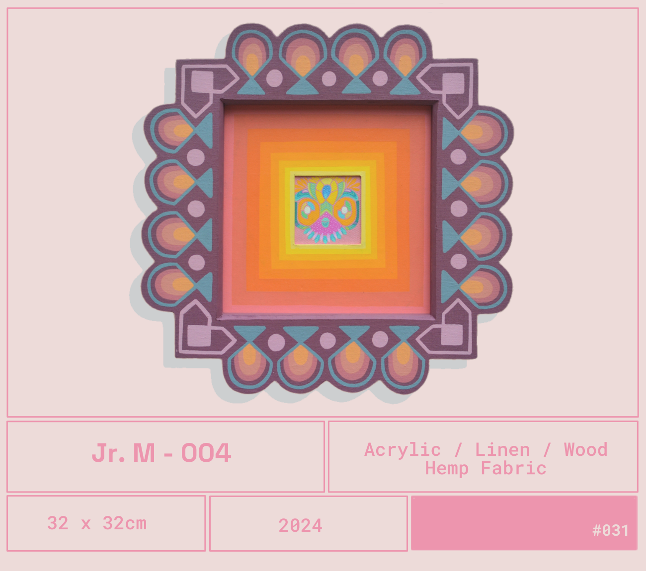 Cuadro decorativo con diseño colorido y patrones geométricos, rodeado por un marco con decoraciones en tonos morados, azules y rosa.