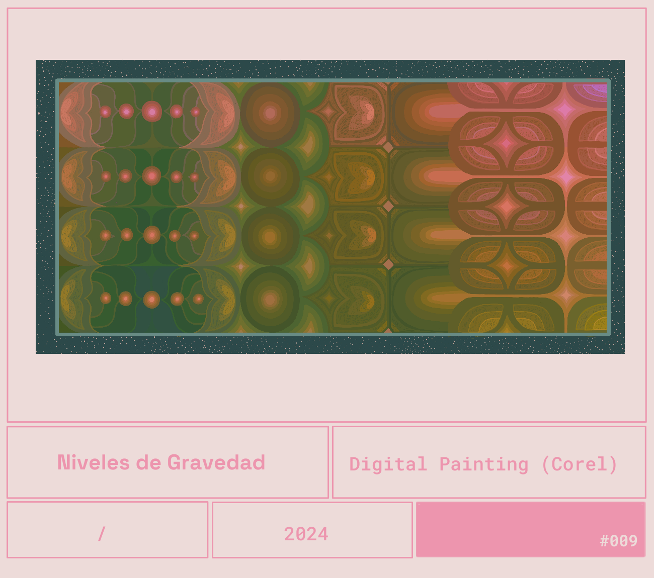 Patrón de diseño digital con colores en tonalidades de verde, marrón y rosa, formado por formas geométricas y patrones repetitivos en un fondo decorativo con puntos blancos.