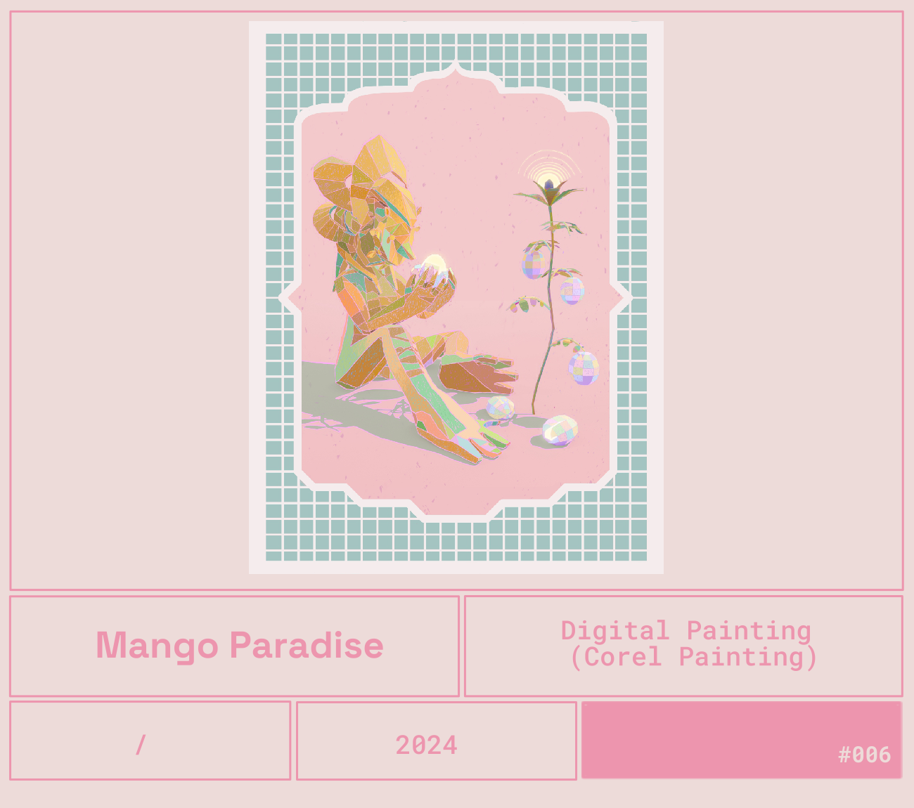 Una ilustración digital en estilo de pintura corel de una niña con orejas de zorro sentado en el suelo, sosteniendo una fruta luminosa. A su lado, una planta con una flor brillante y varios huevos decorados con patrones geométricos. Fondo rosa y marco de mosaico en tonos azules.