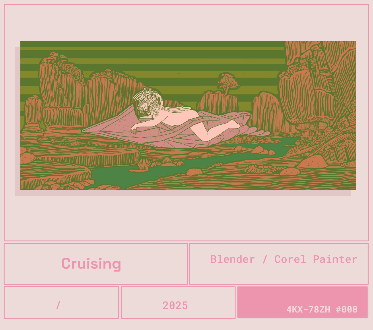 Ilustración de un ser con cuerpo humano y rostro de jaguar descansando sobre una roca en un paisaje de río con formaciones rocosas y un árbol, en colores pastel.