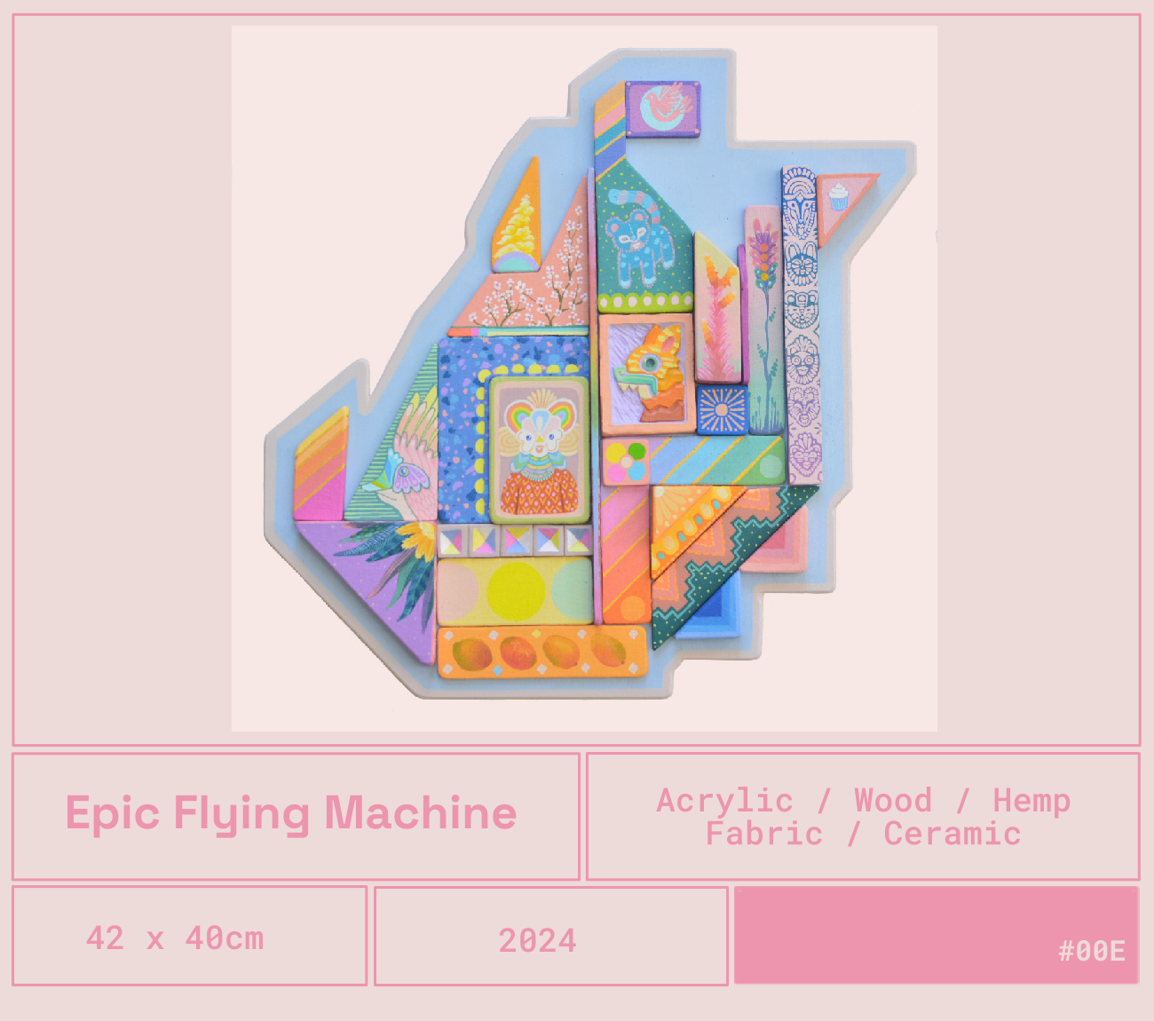 Artesanía en forma de máquina voladora con piezas de acrílico, madera, cáñamo, tela y cerámica, decorada con personajes y elementos coloridos.