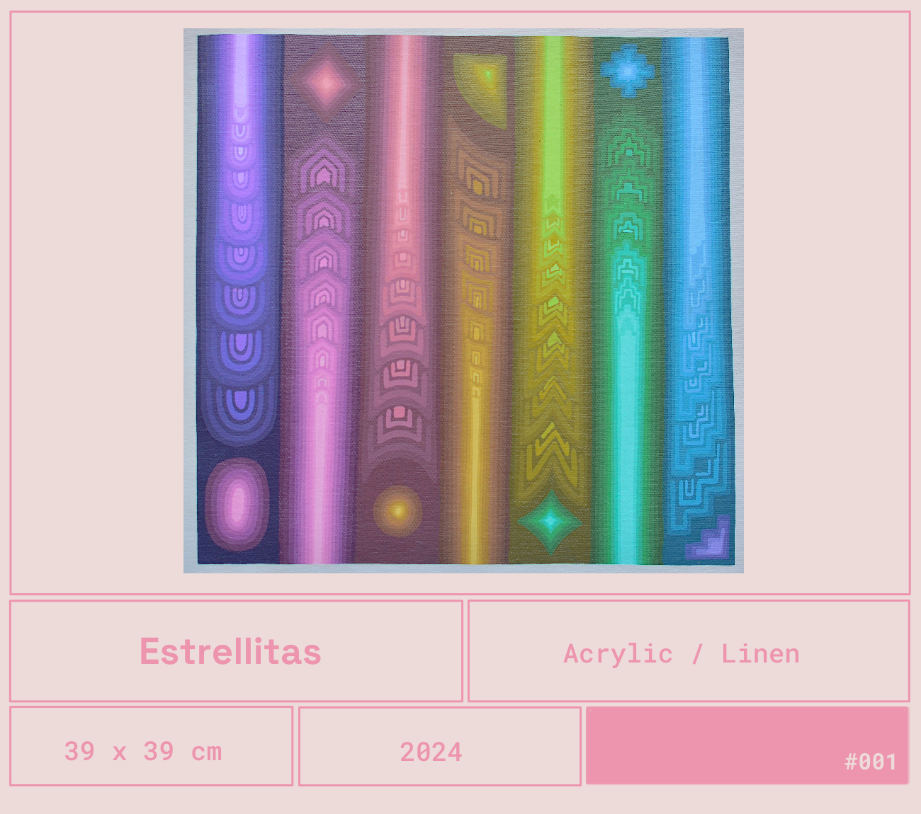 Un diseño abstracto de líneas y formas geométricas en colores neón y vibrantes, titulado 'Estrellitas'. Escrita en español en la parte inferior, indicando que es de acrílico o lino, tamaño 39x39 centímetros, creada en 2024, con el número de serie #001.