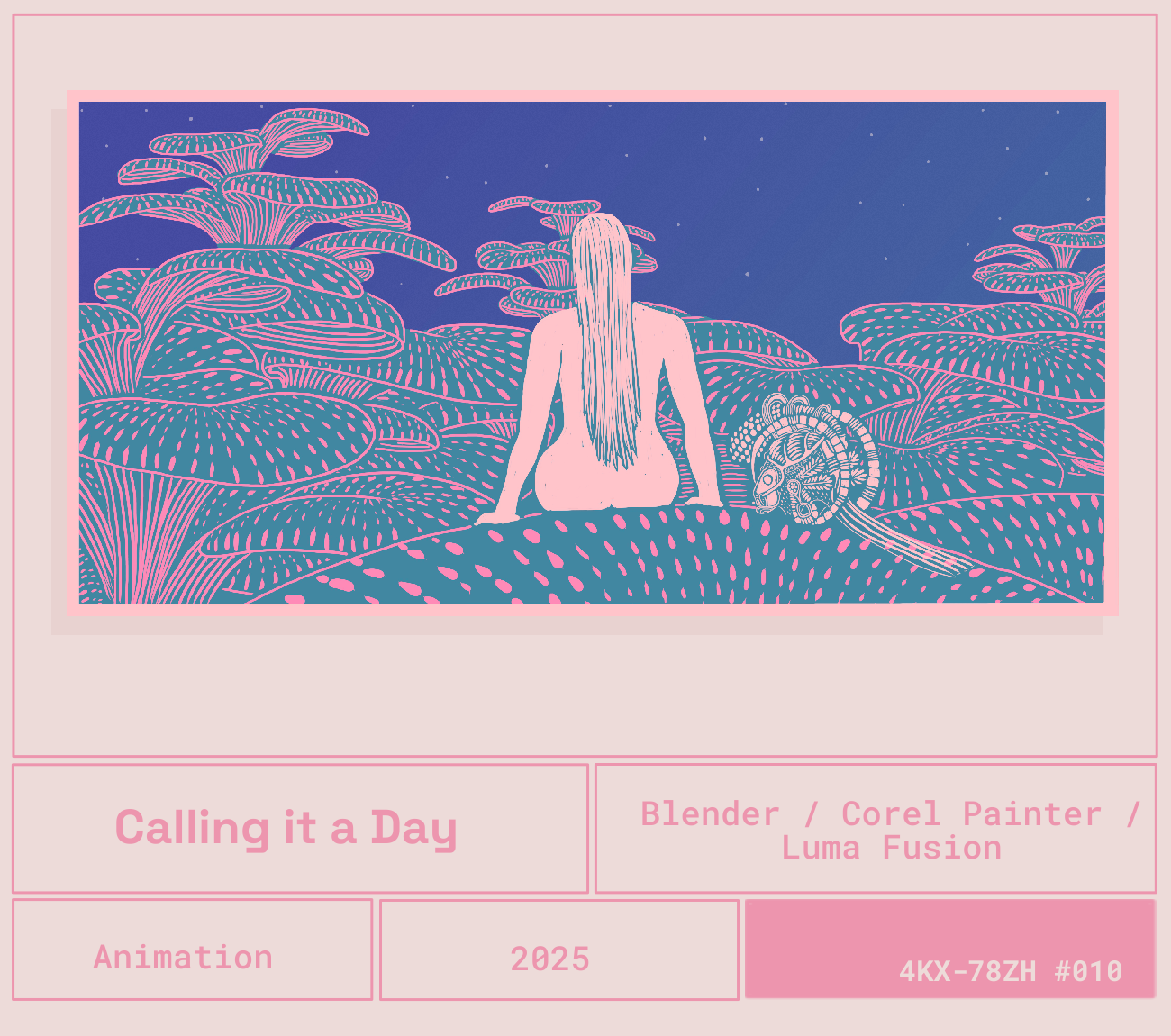 Una ilustración de una mujer desnuda con cabello largo, sentada en un paisaje de setas grandes de color rosa en un entorno azul, con un cielo estrellado, en un estilo de arte digital de fantasía futurista.