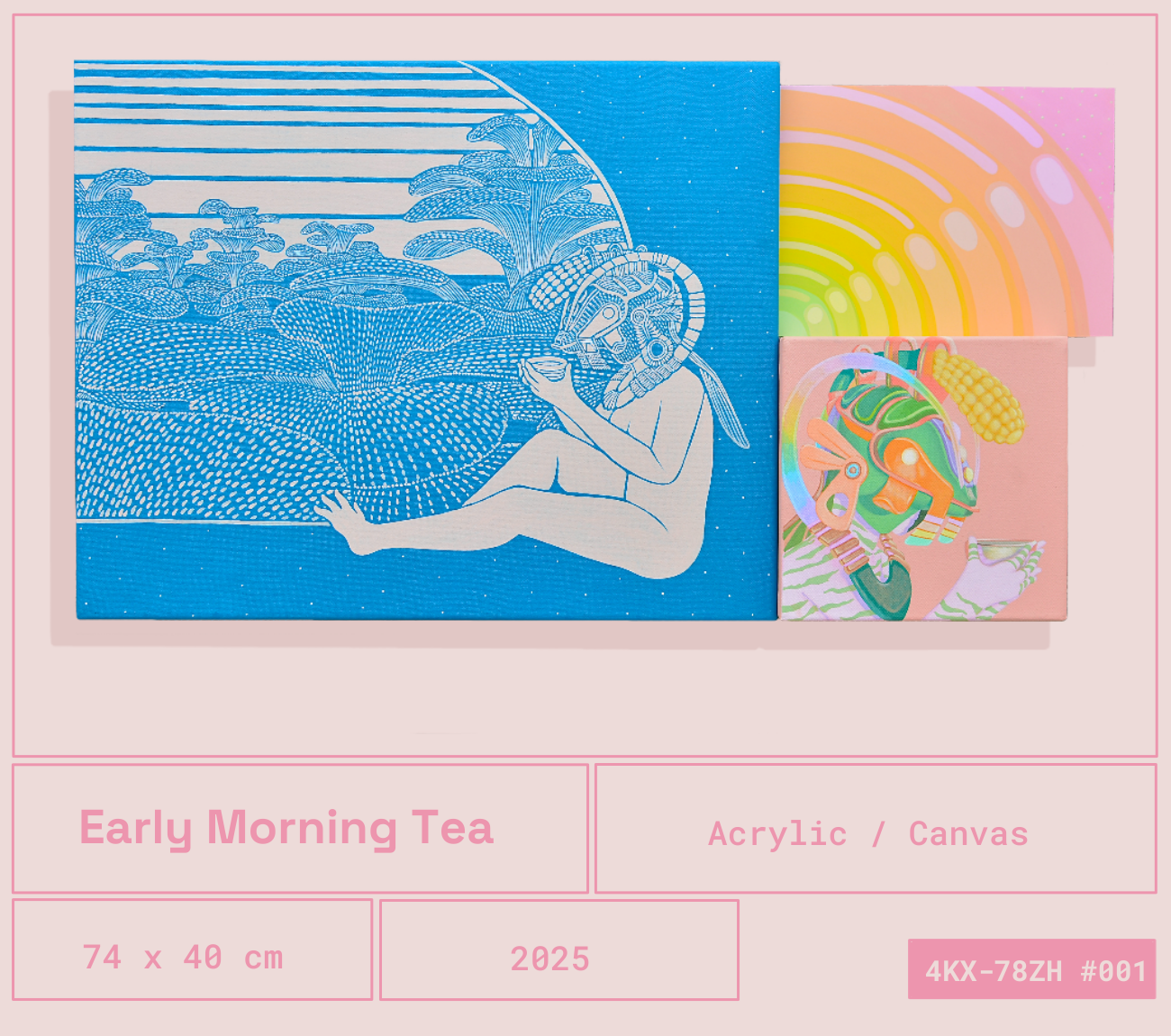 Cuadro de arte en tonos azules y blancos que representa una figura con cabeza de jaguar tomando una bebida, rodeada de plantas y un paisaje con el sol, con otros cuadros coloridos y pasteles en el fondo.