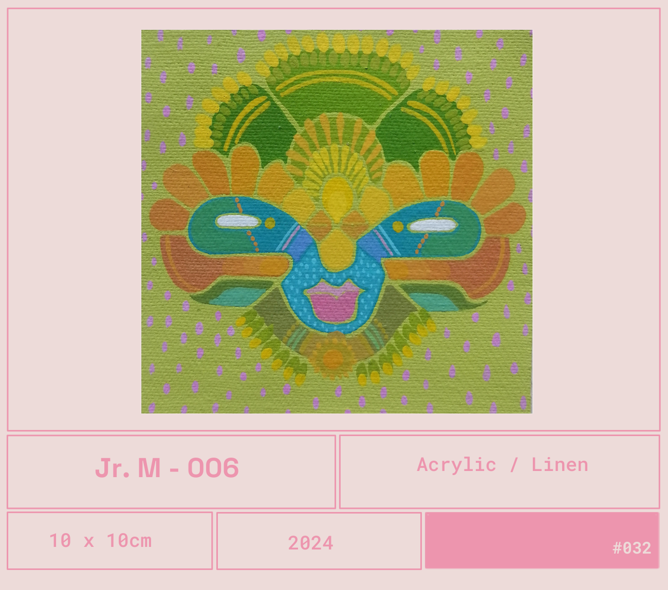 Diseño colorido de un mariposa con patrones geométricos en tonos verdes, azules, amarillos y rosa, sobre fondo amarillo con puntos lilas.