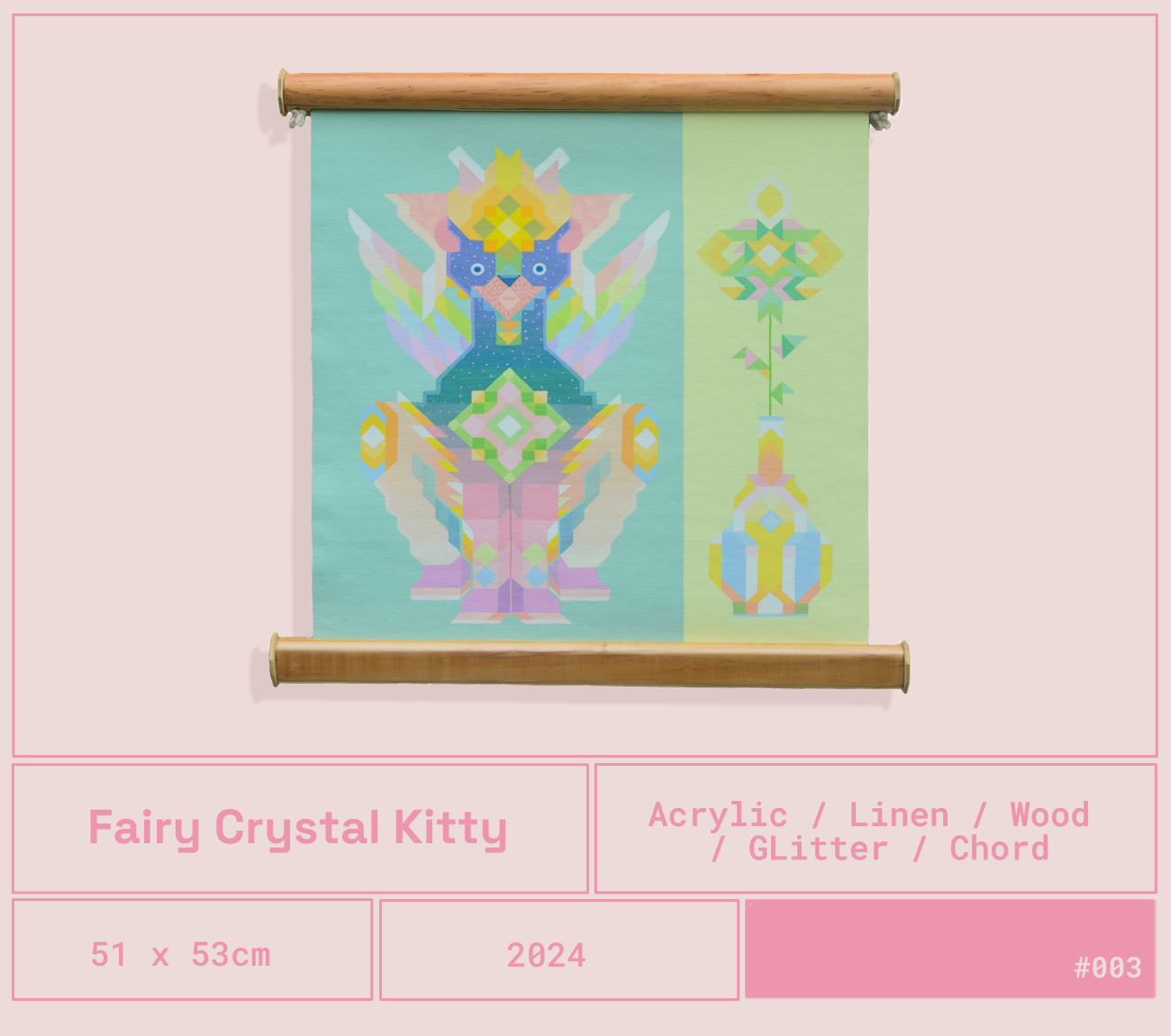 Un tapiz decorativo con un gato de cristal mágico en estilo pixel art, acompañado de una flor en un jarrón, en tonos pastel y detalles de glitter.